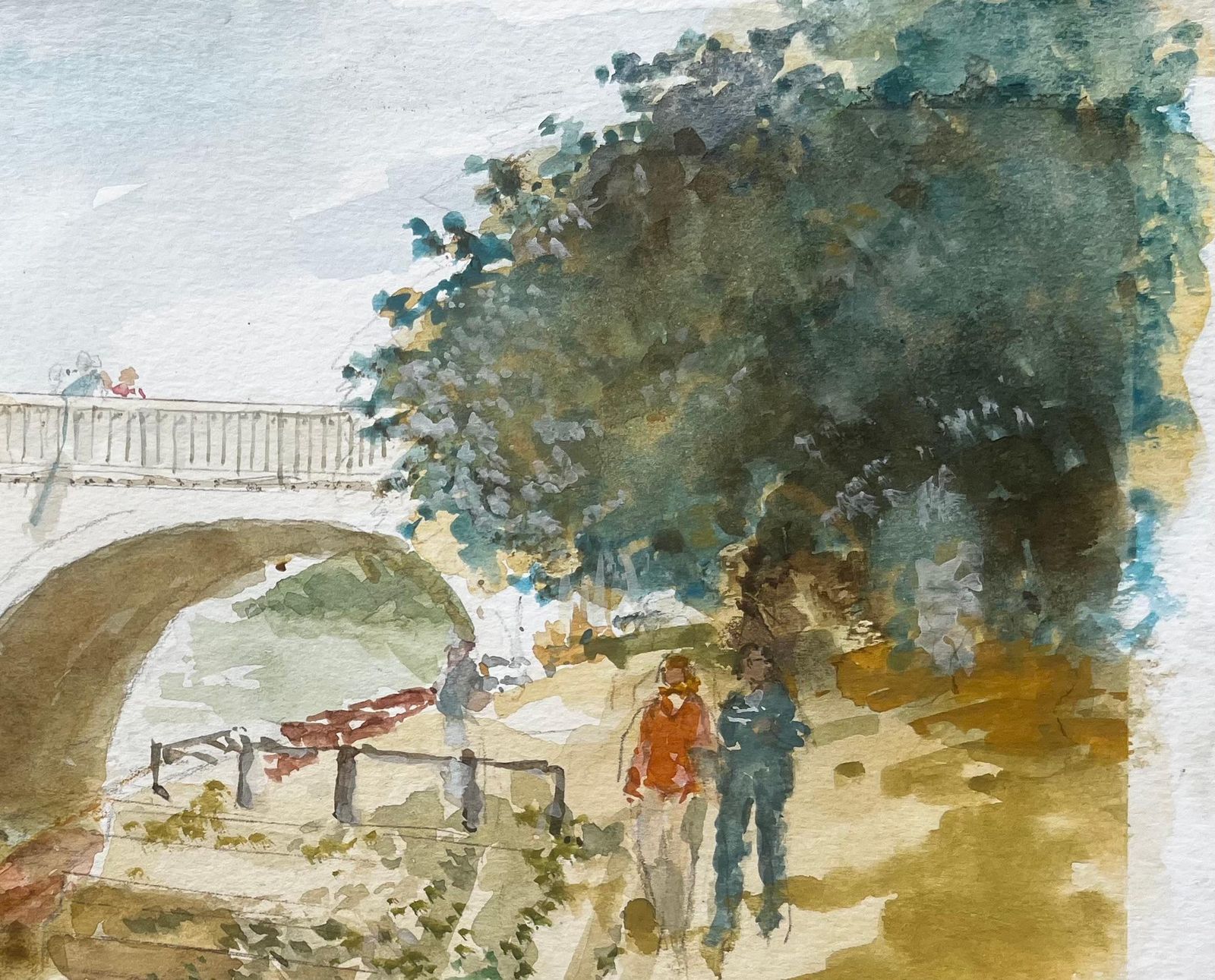 Anthony Herbertriverside Walk By Richmond Bridge With Boats And Trees London Watercolour Scene photo vinterior
