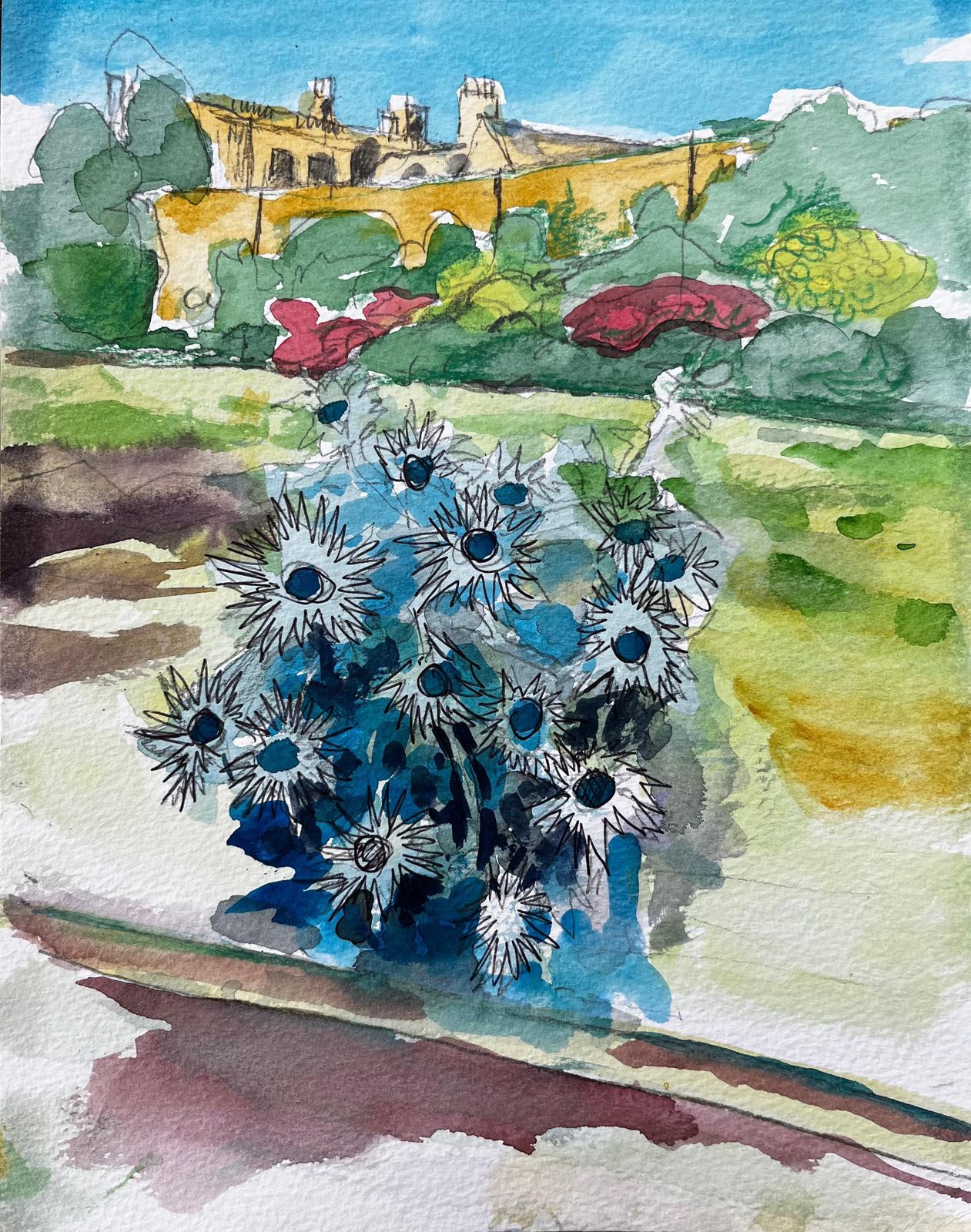 John Steane (B.1931)waterperry Gardens Oxfordshire Watercolour With Blue Thistles And Manor House2019