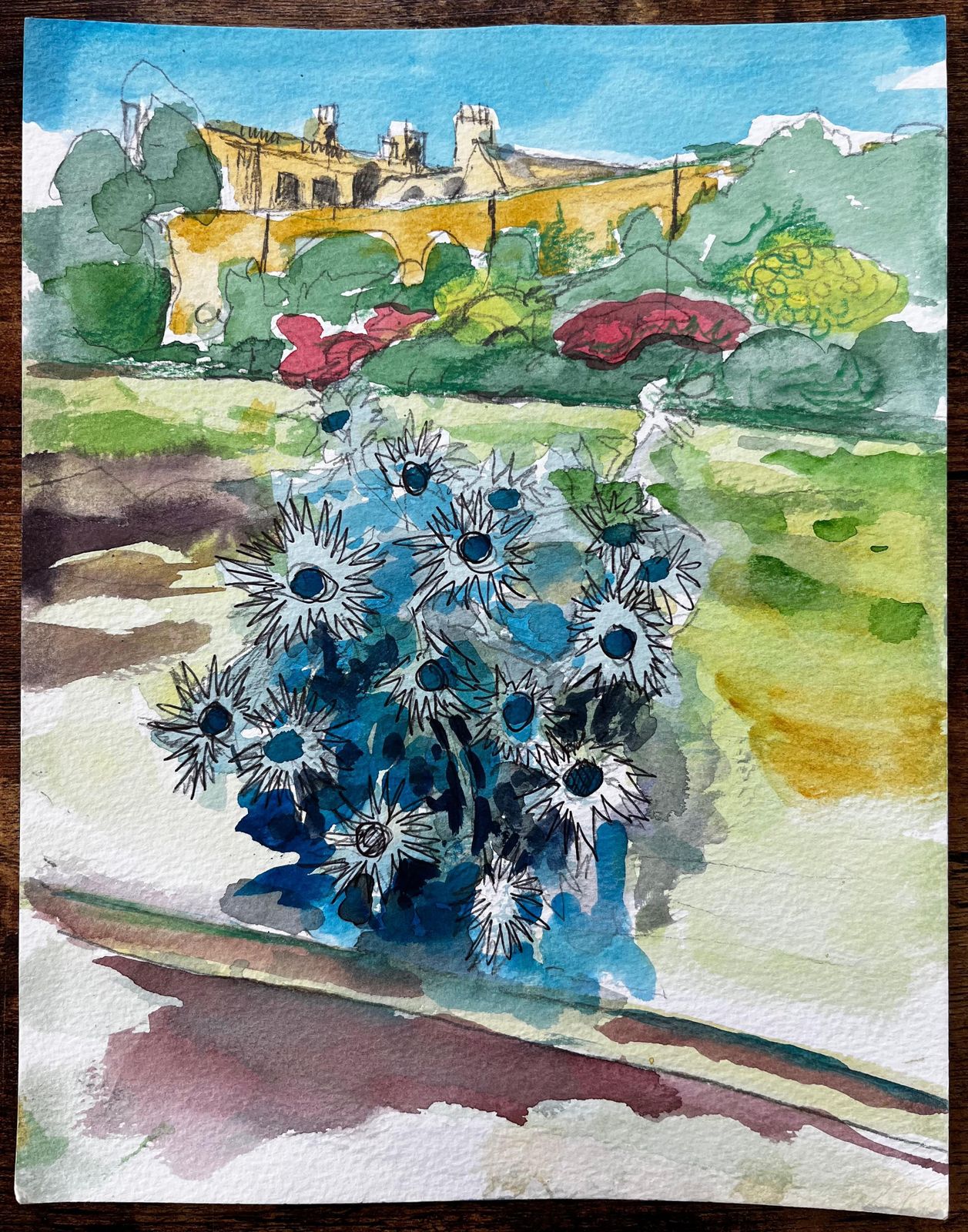 John Steane (B.1931)waterperry Gardens Oxfordshire Watercolour With Blue Thistles And Manor House2019 photo furniture
