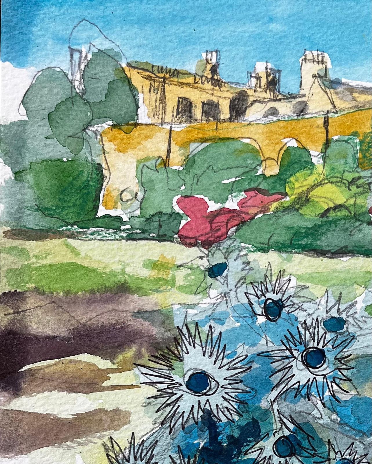 John Steane (B.1931)waterperry Gardens Oxfordshire Watercolour With Blue Thistles And Manor House2019 photo 367.0
