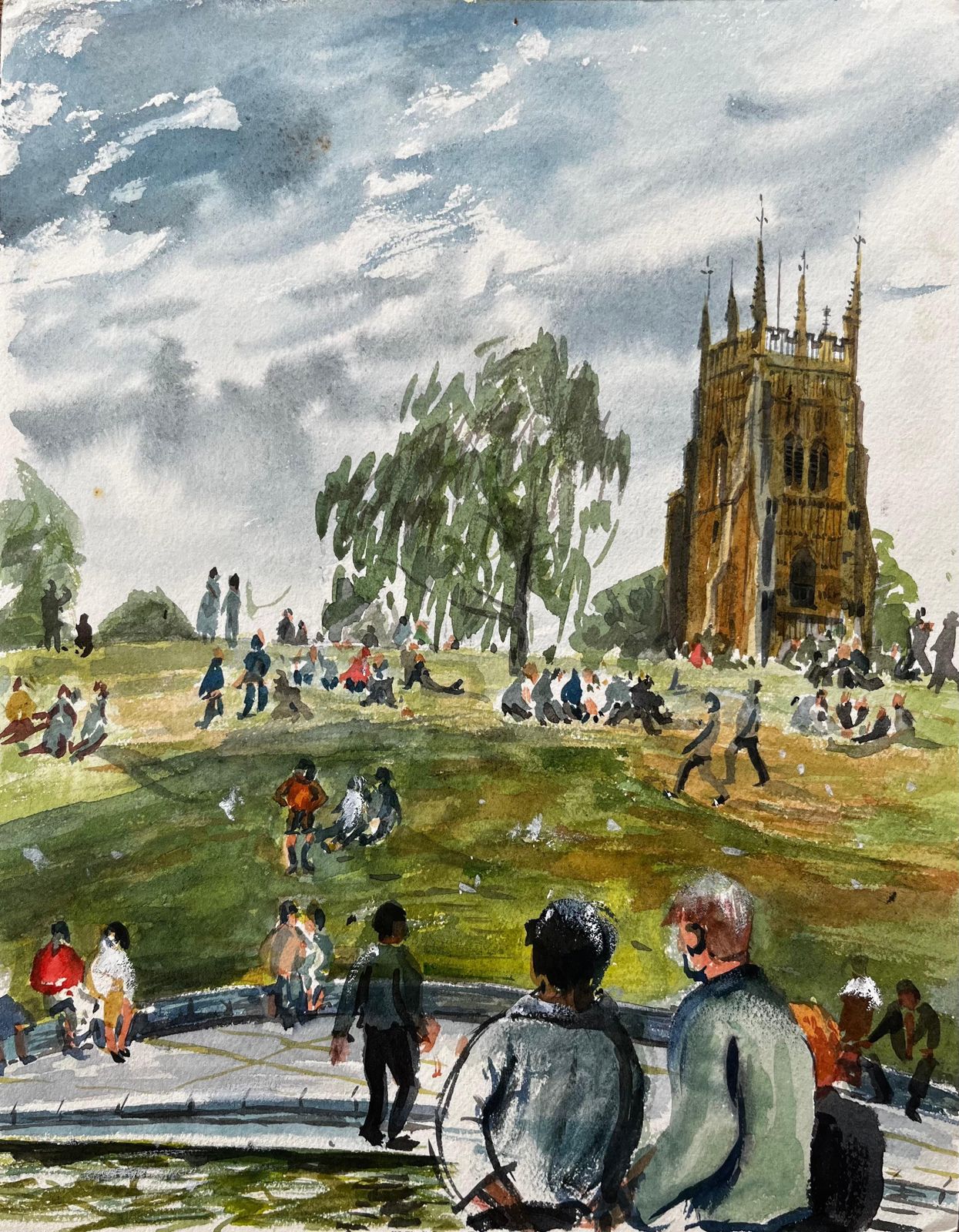 John Steane (B.1931)people Relaxing On The Green In Evesham With Church View British Watercolour