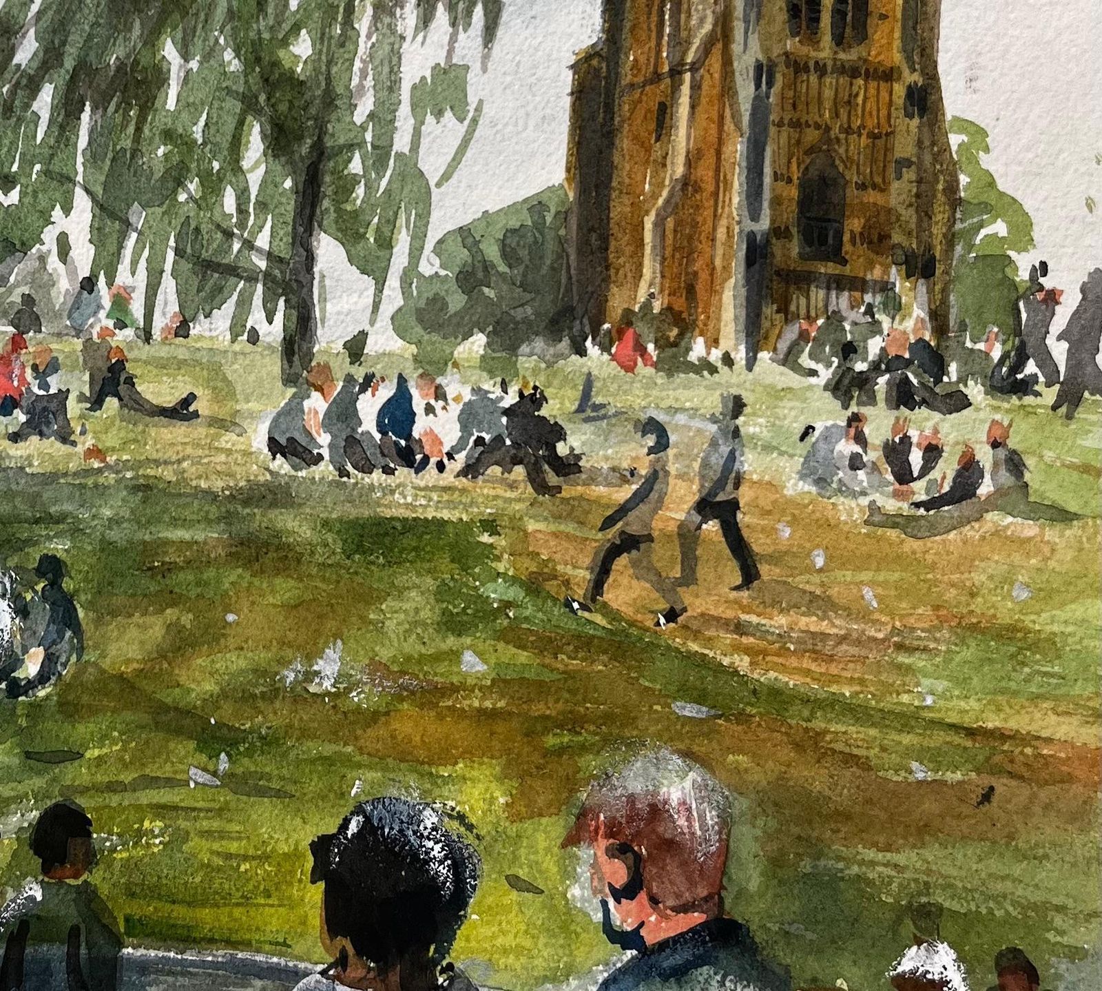 John Steane (B.1931)people Relaxing On The Green In Evesham With Church View British Watercolour photo vinterior