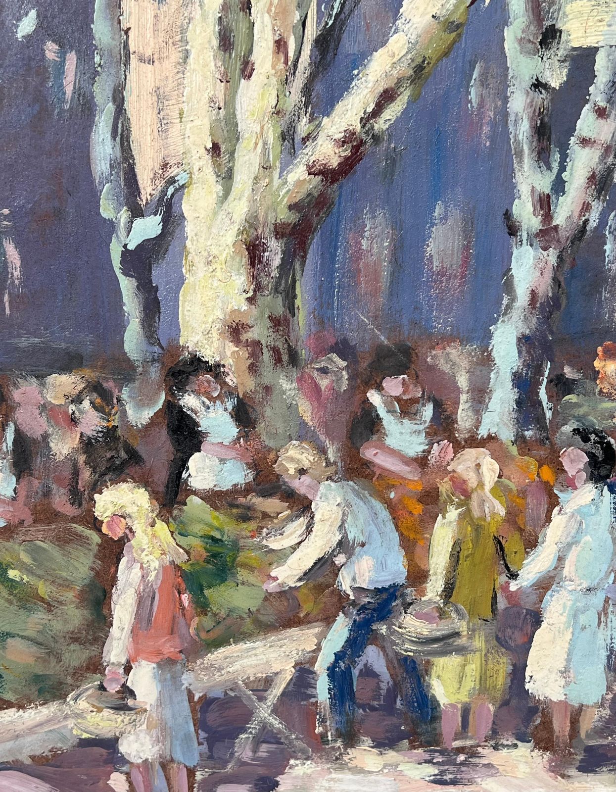 Fanch Lelfigures Hustling At The French Market Under White Bare Trees Oil Painting photo furniture