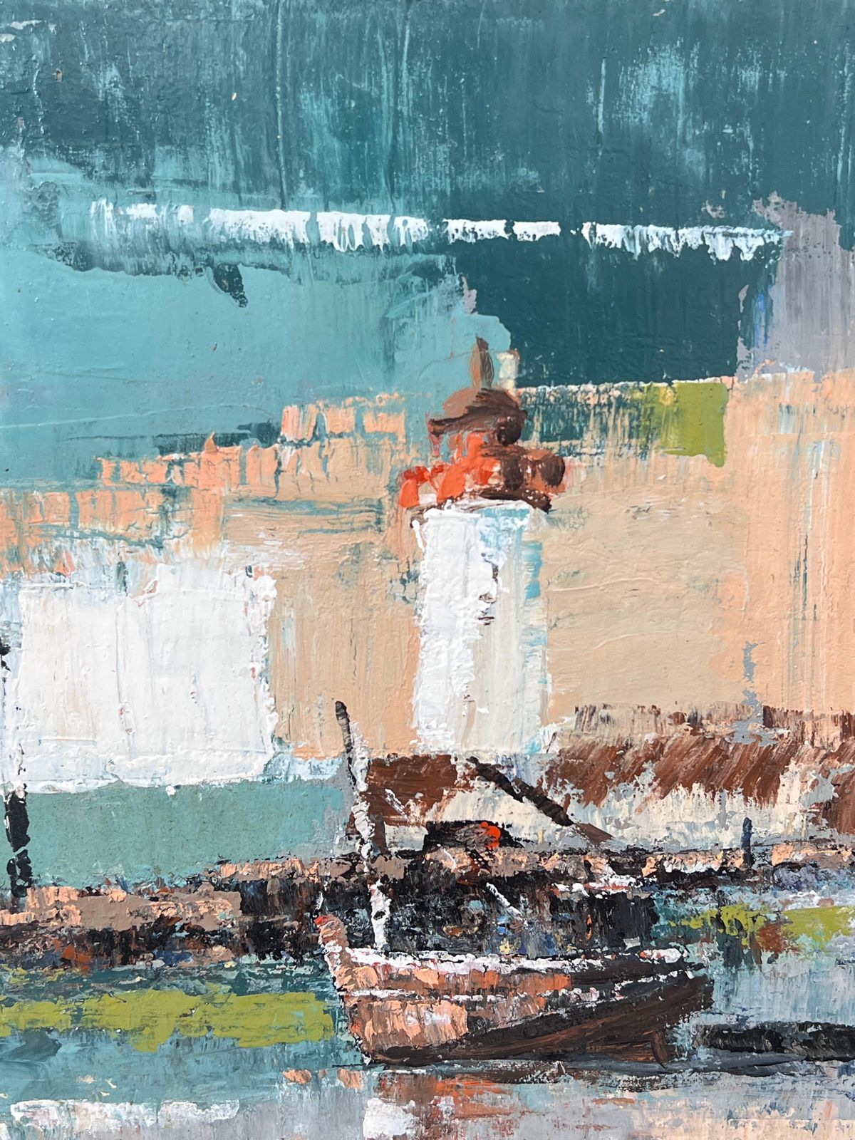 Fanch Lelthe Orange And White Lighthouse In Thick Blue And White Harbour Oil Painting photo for sale