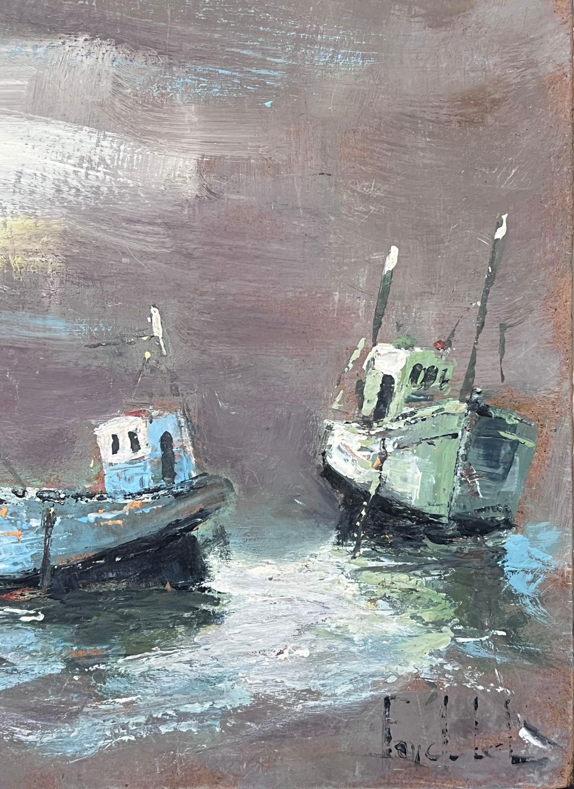 Fanch Lelthree Boats In The Grey Foggy Shores Landscape Oil Painting photo buy