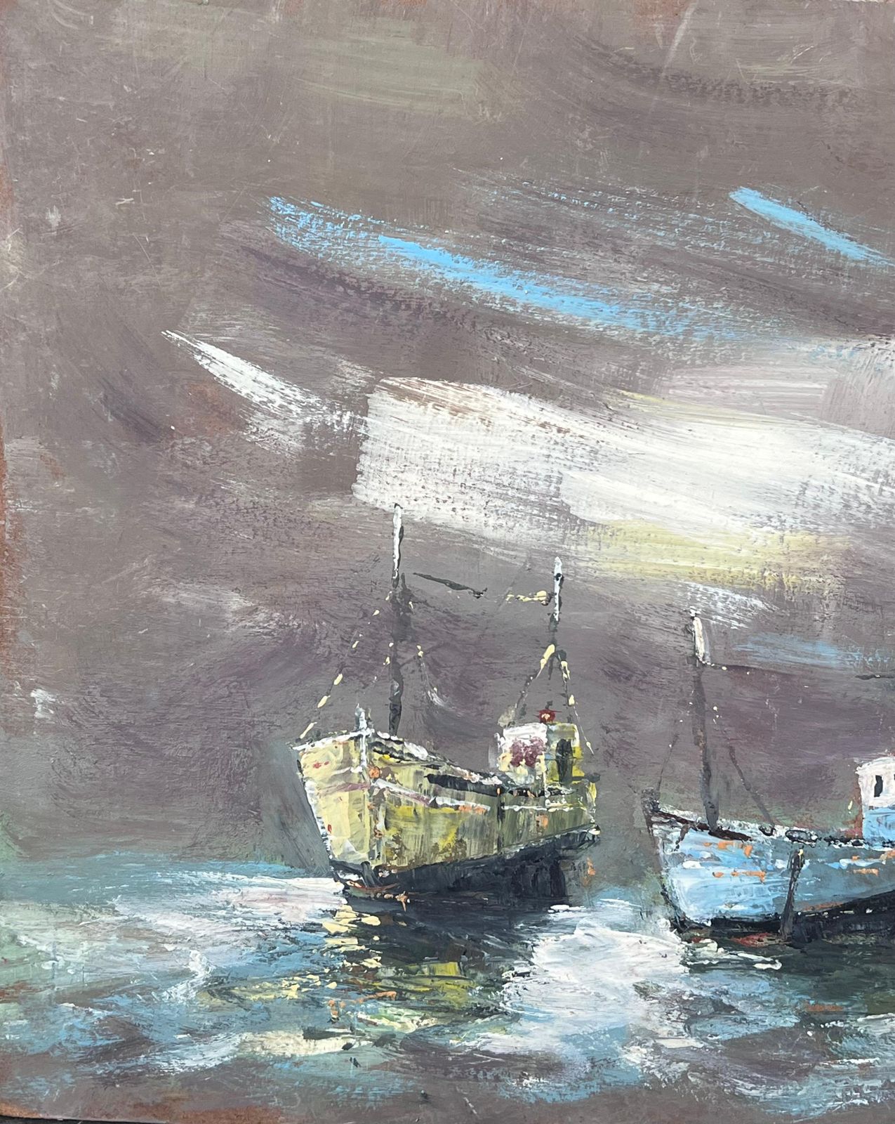 Fanch Lelthree Boats In The Grey Foggy Shores Landscape Oil Painting photo vintage
