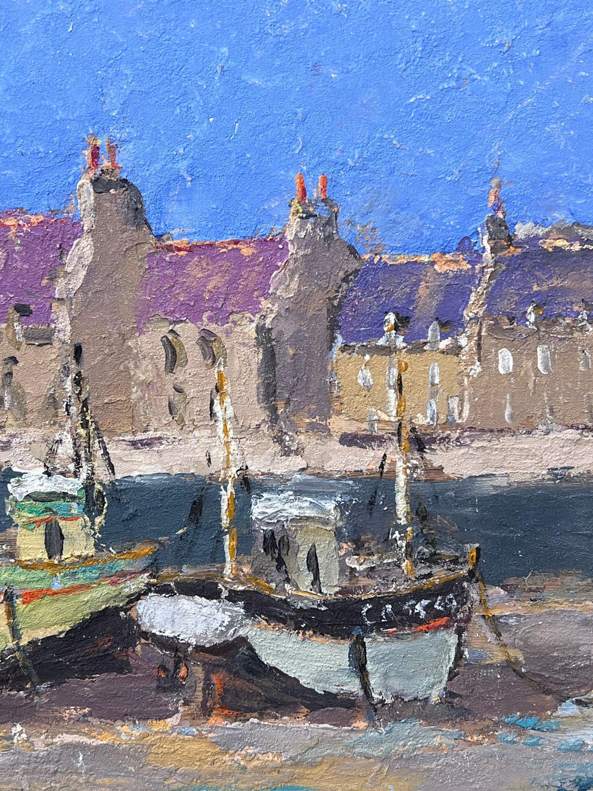 Fanch Lelfishing Boats In Neon Purple Sky Landscapes Oil Painting photo vinterior
