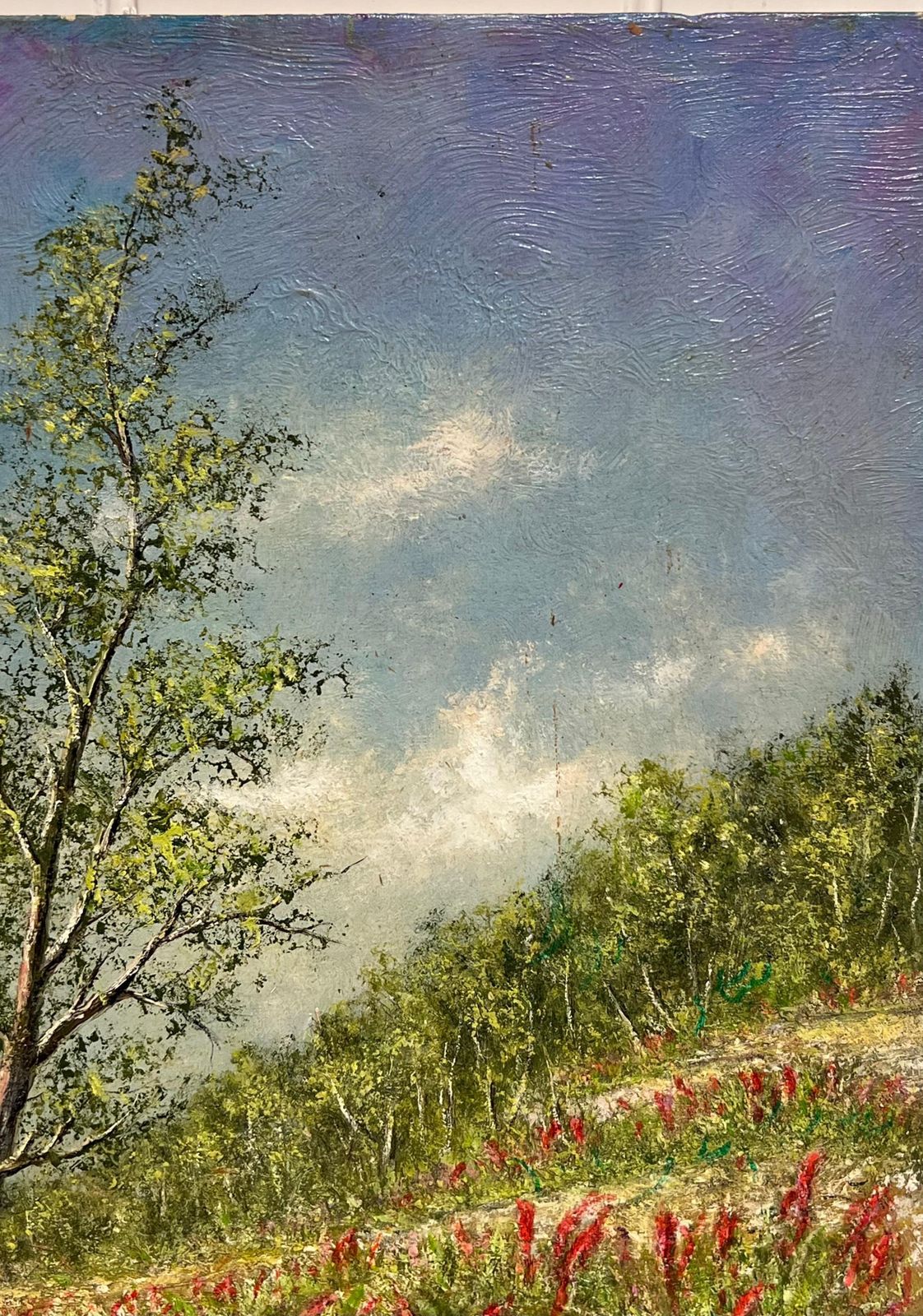 Jean Fouriegolden Yellow Field Tracks With Indian Paintbrush Flowers Sprouting Oil Painting photo for sale