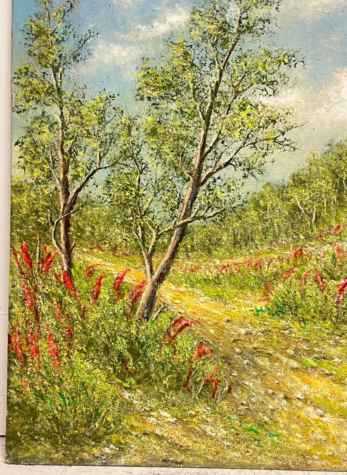 Jean Fouriegolden Yellow Field Tracks With Indian Paintbrush Flowers Sprouting Oil Painting photo Art