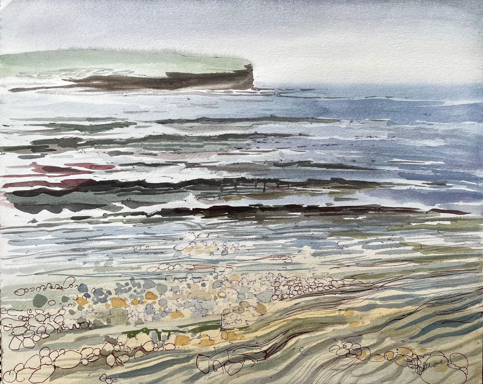 John Steane (B.1931)dorset Coastline Pebble Beach Seascape Watercolour With Headland View