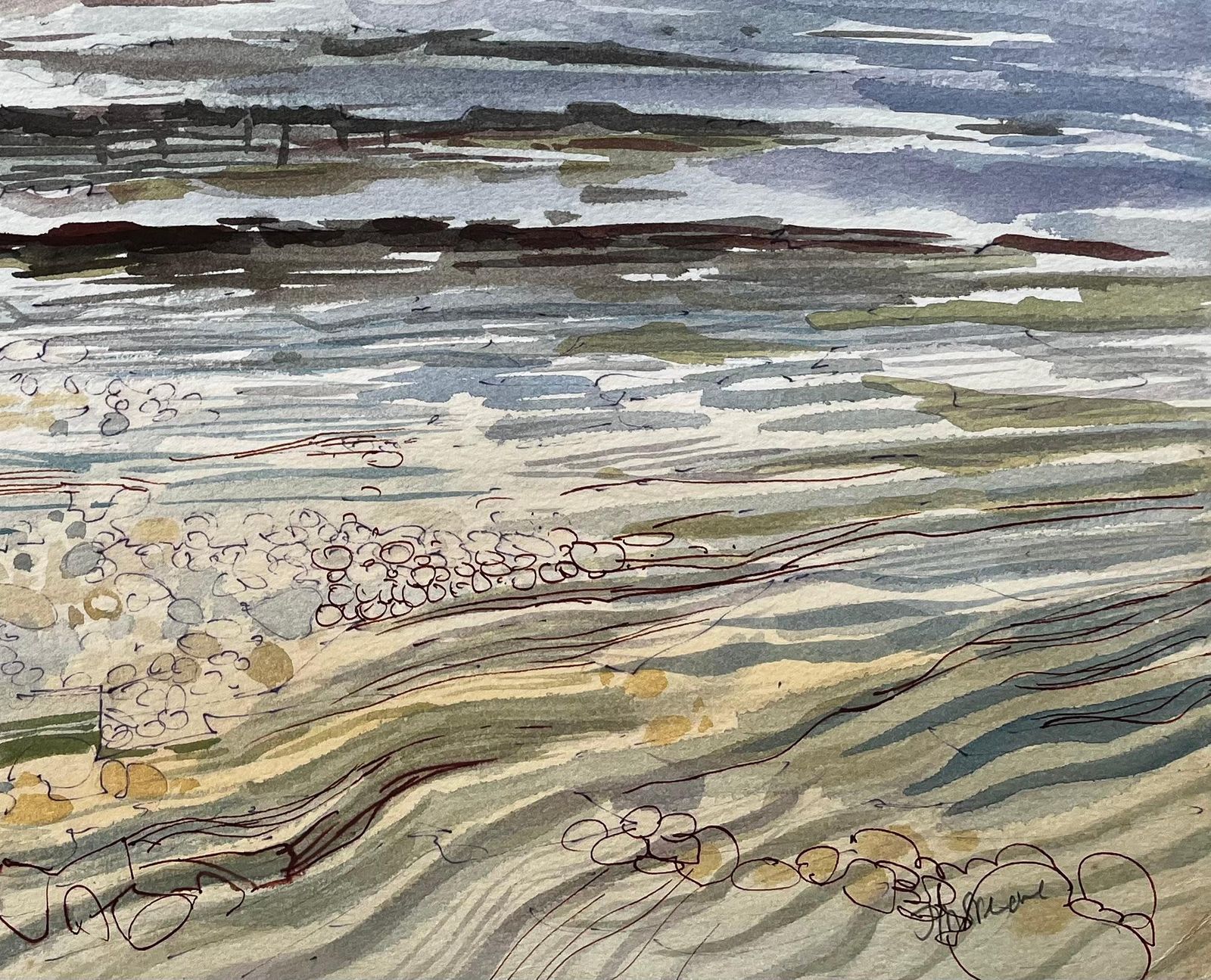 John Steane (B.1931)dorset Coastline Pebble Beach Seascape Watercolour With Headland View photo for sale