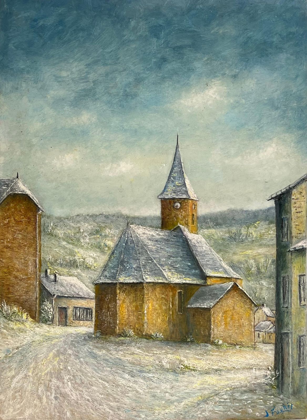 Jean Fouriesnow Covered Spine Church Roof French 20th C. Oil Painting Village Landscape