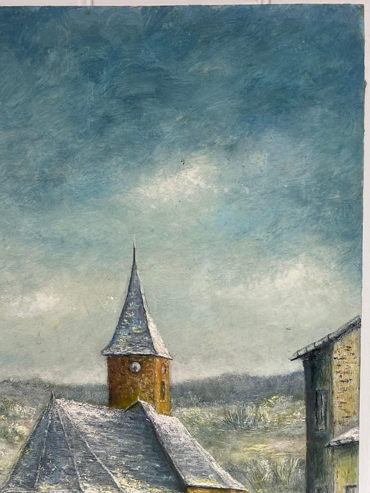 Jean Fouriesnow Covered Spine Church Roof French 20th C. Oil Painting Village Landscape photo furniture