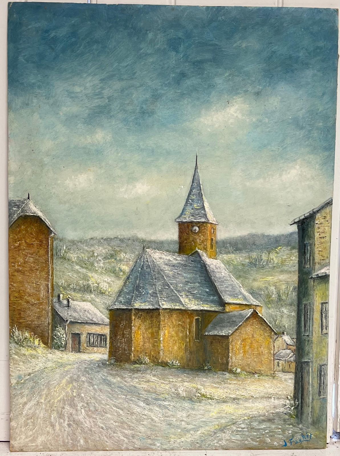 Jean Fouriesnow Covered Spine Church Roof French 20th C. Oil Painting Village Landscape photo Art