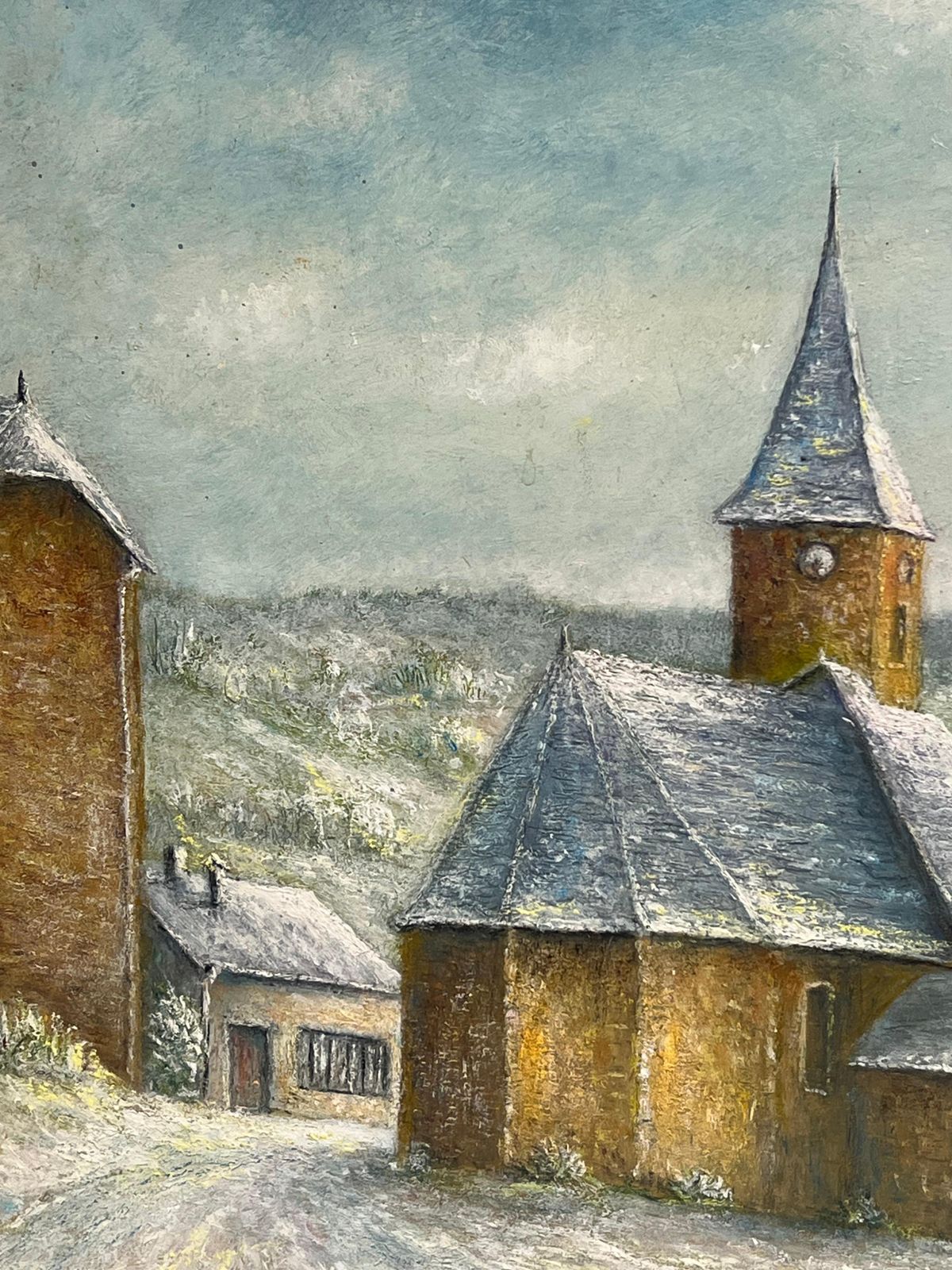 Jean Fouriesnow Covered Spine Church Roof French 20th C. Oil Painting Village Landscape photo 483.0