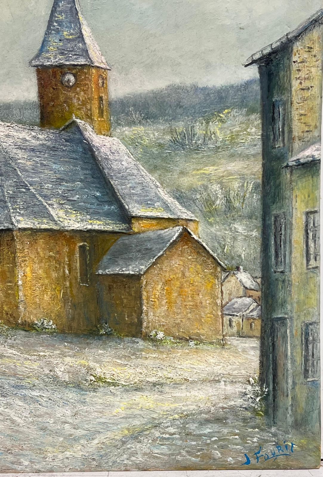 Jean Fouriesnow Covered Spine Church Roof French 20th C. Oil Painting Village Landscape photo buy