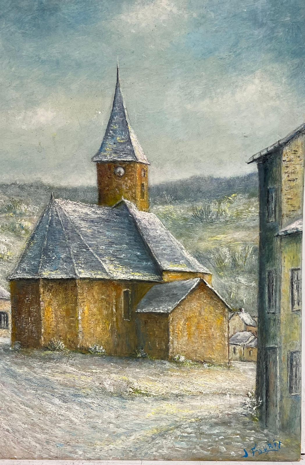 Jean Fouriesnow Covered Spine Church Roof French 20th C. Oil Painting Village Landscape photo vintage