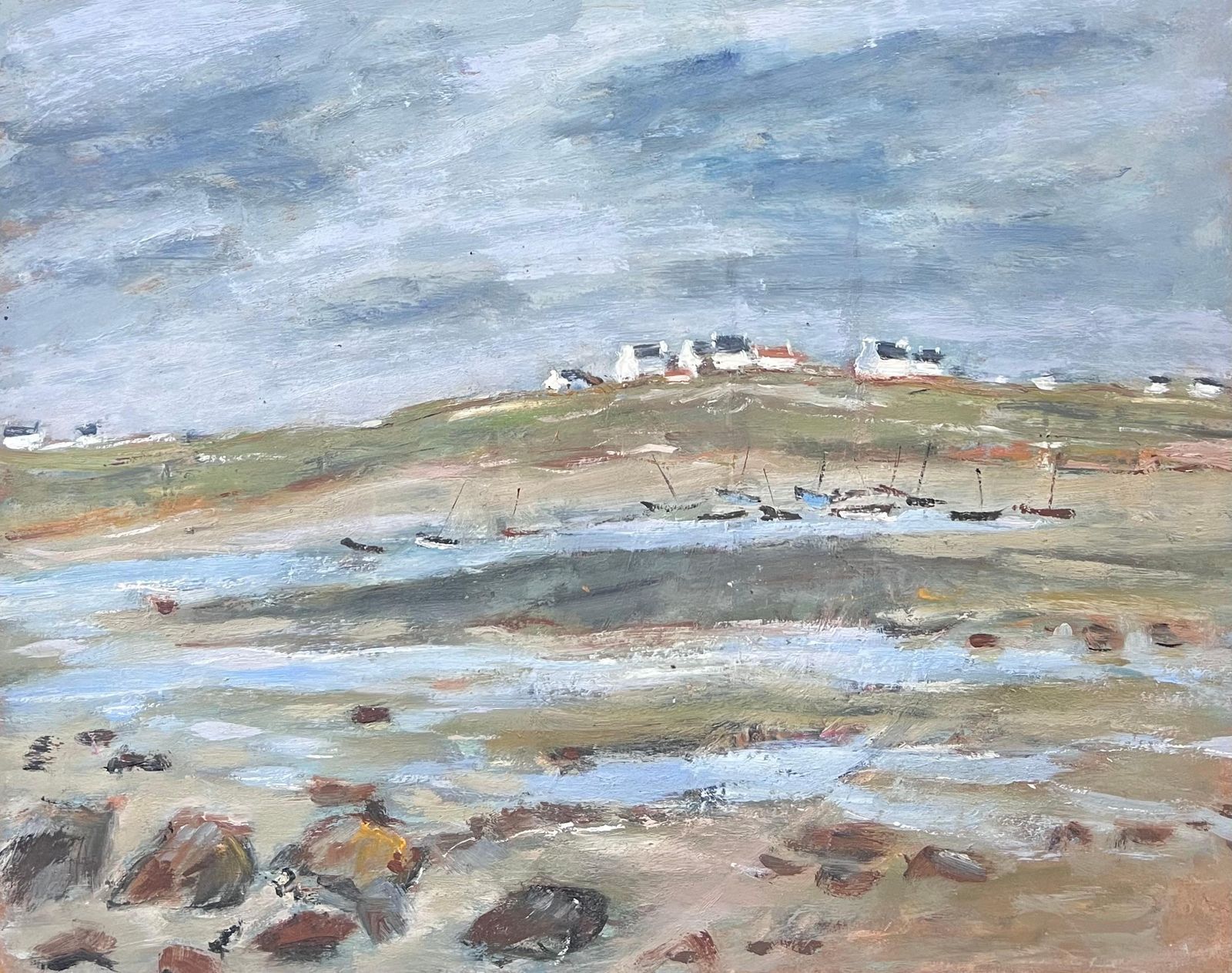 Fanch Leldry Shore With Distant Docked Sailing Boats French Landscape Oil Painting