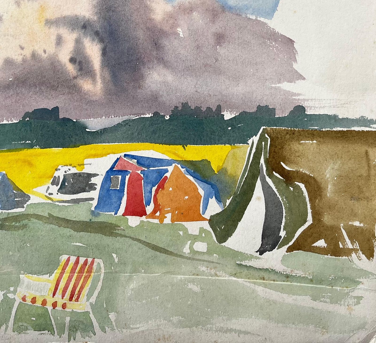 John Steane (B.1931)summer Tents And Stormy Sky Over Yellow Fields British Campsite Watercolour photo for sale