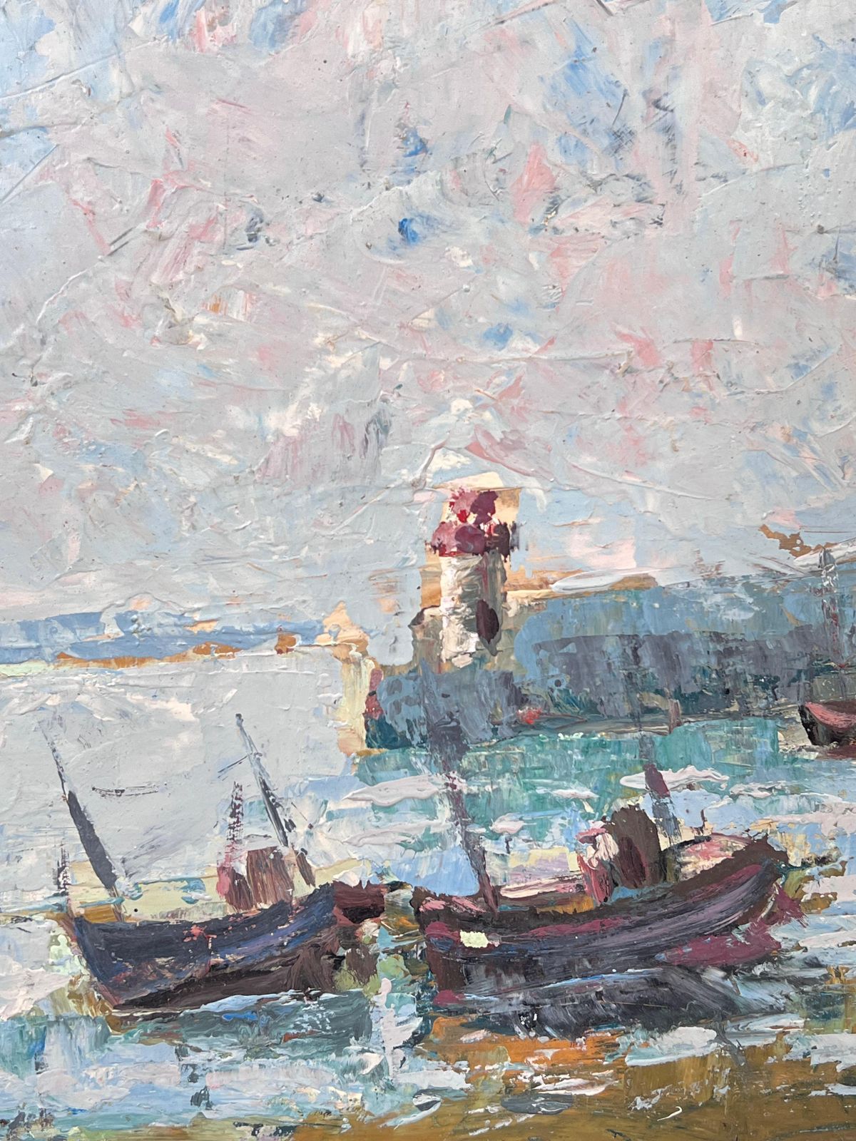 Fanch Leldocked Boats At The Lighthouse Lit Harbour French Landscape Oil Painting photo for sale
