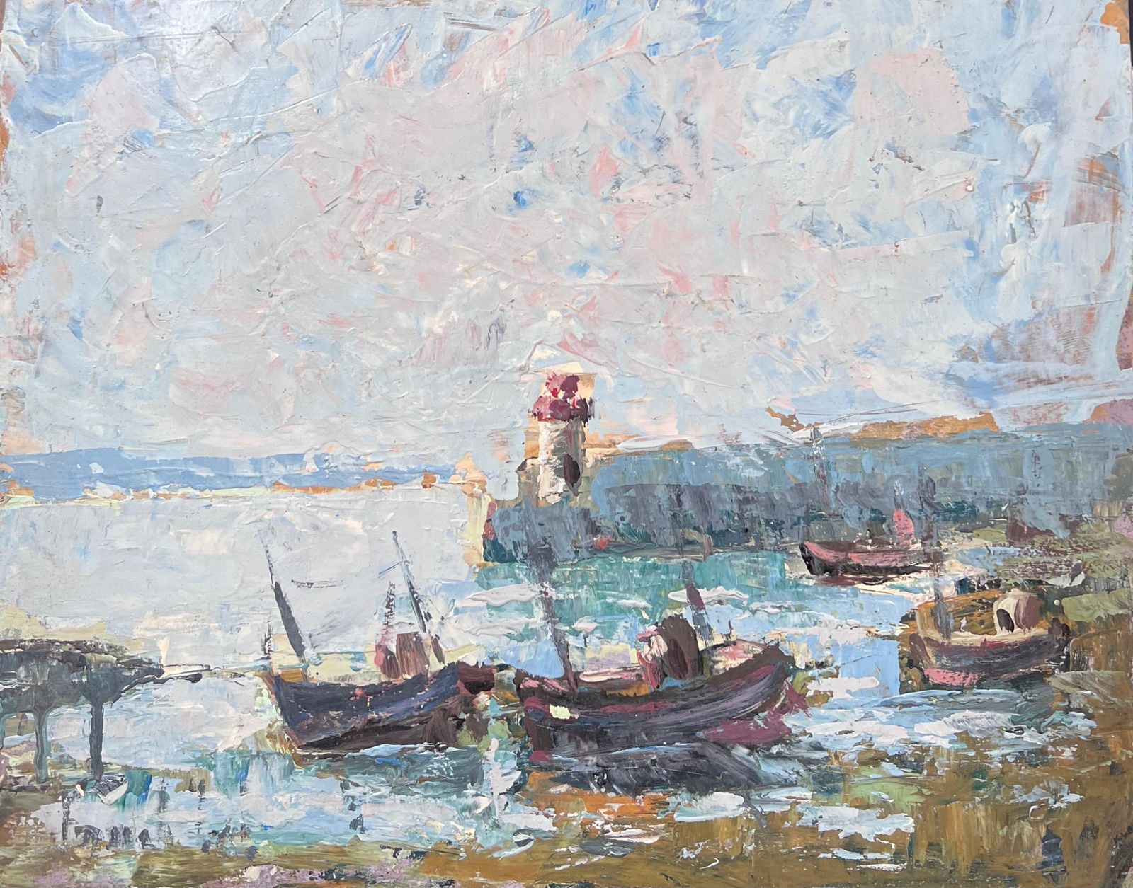 Fanch Leldocked Boats At The Lighthouse Lit Harbour French Landscape Oil Painting photo Art