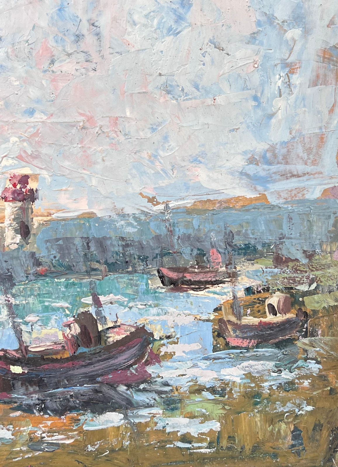 Fanch Leldocked Boats At The Lighthouse Lit Harbour French Landscape Oil Painting photo vintage
