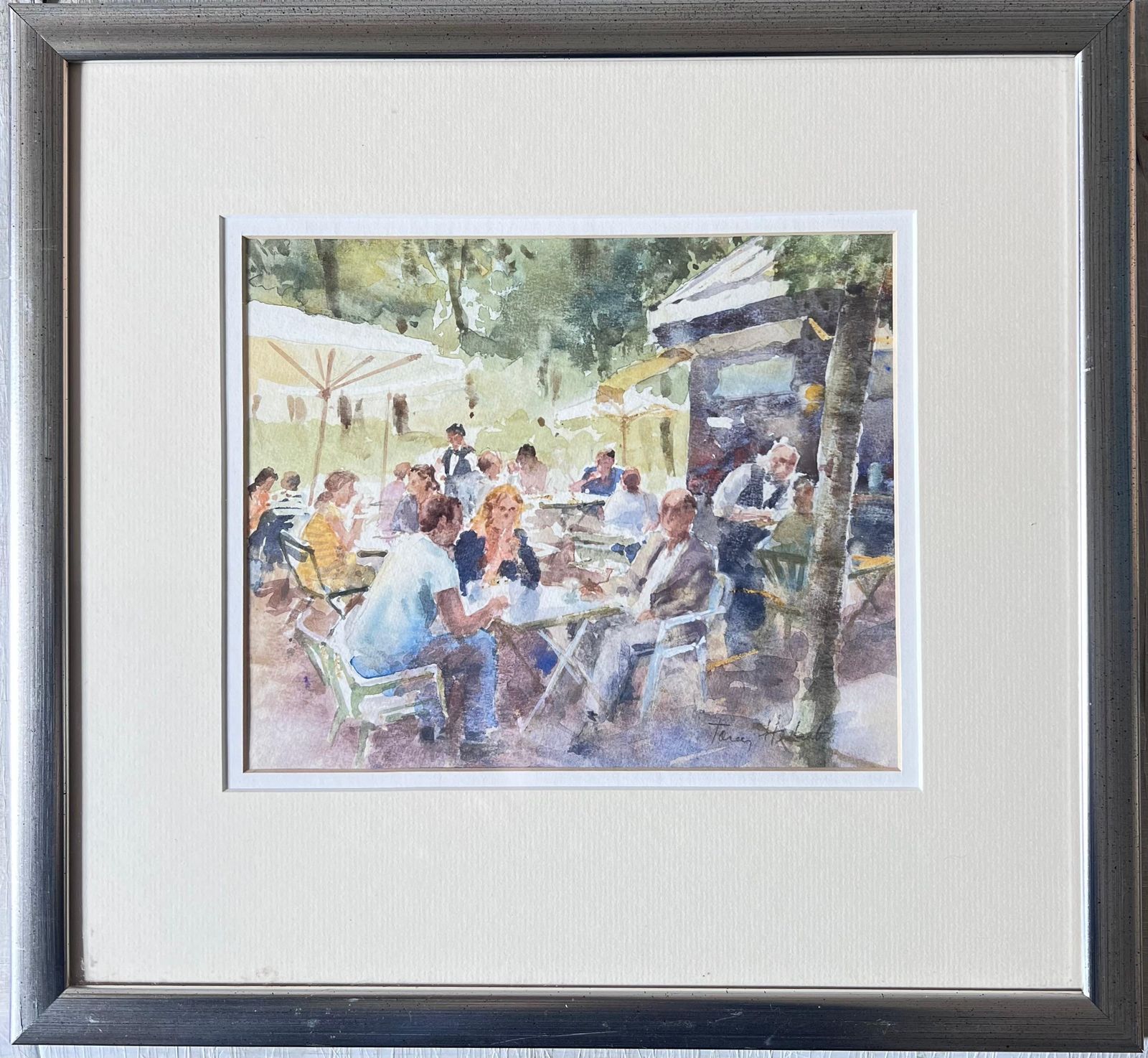 Anthony Herbertfigures At An Outdoor Cafe On A Busy Summers Day British Watercolour Painting photo furniture