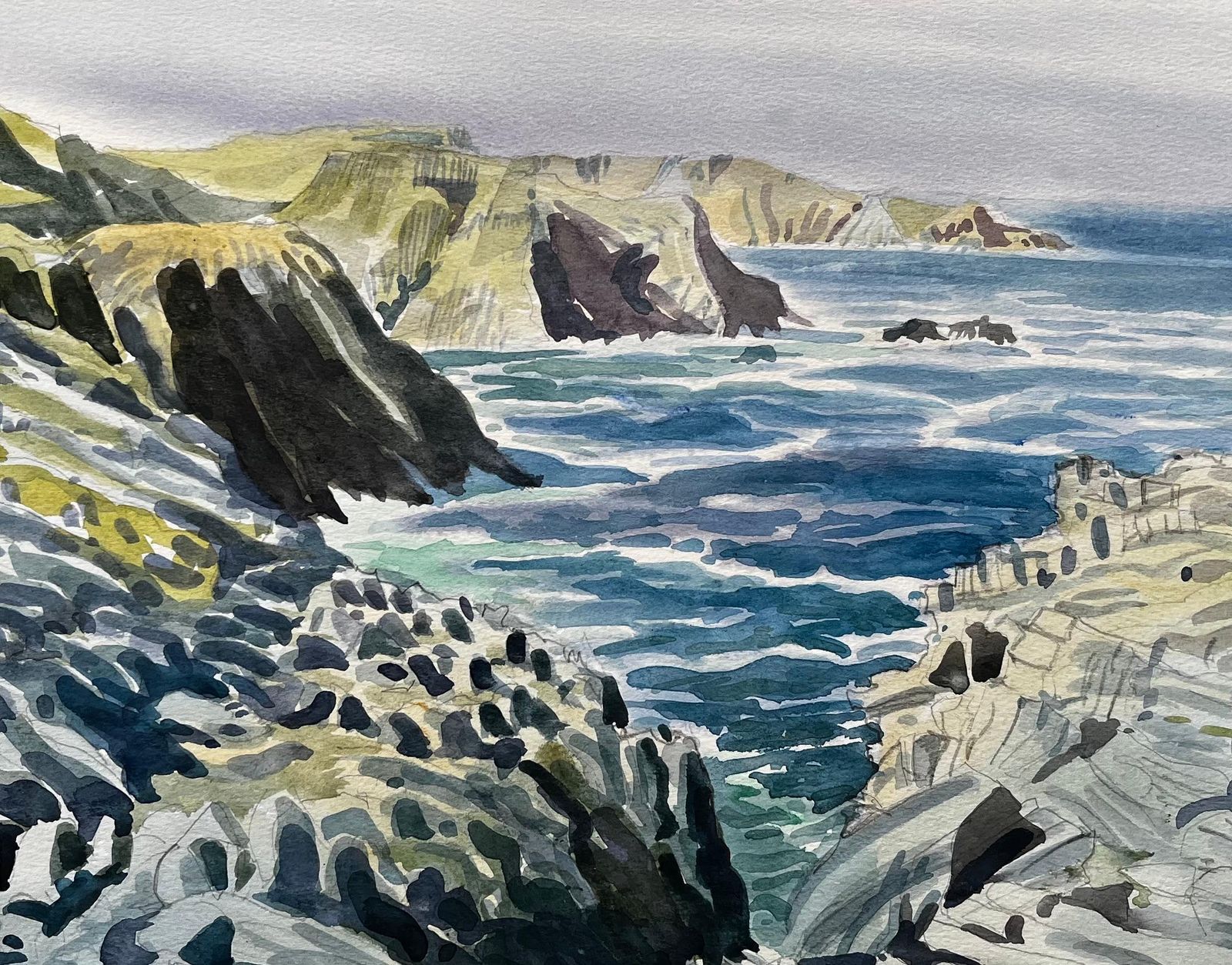 John Steane (B.1931)dramatic Dorset Coast Cliffs And Sea 1990 Watercolour By John Steane1990 photo buy