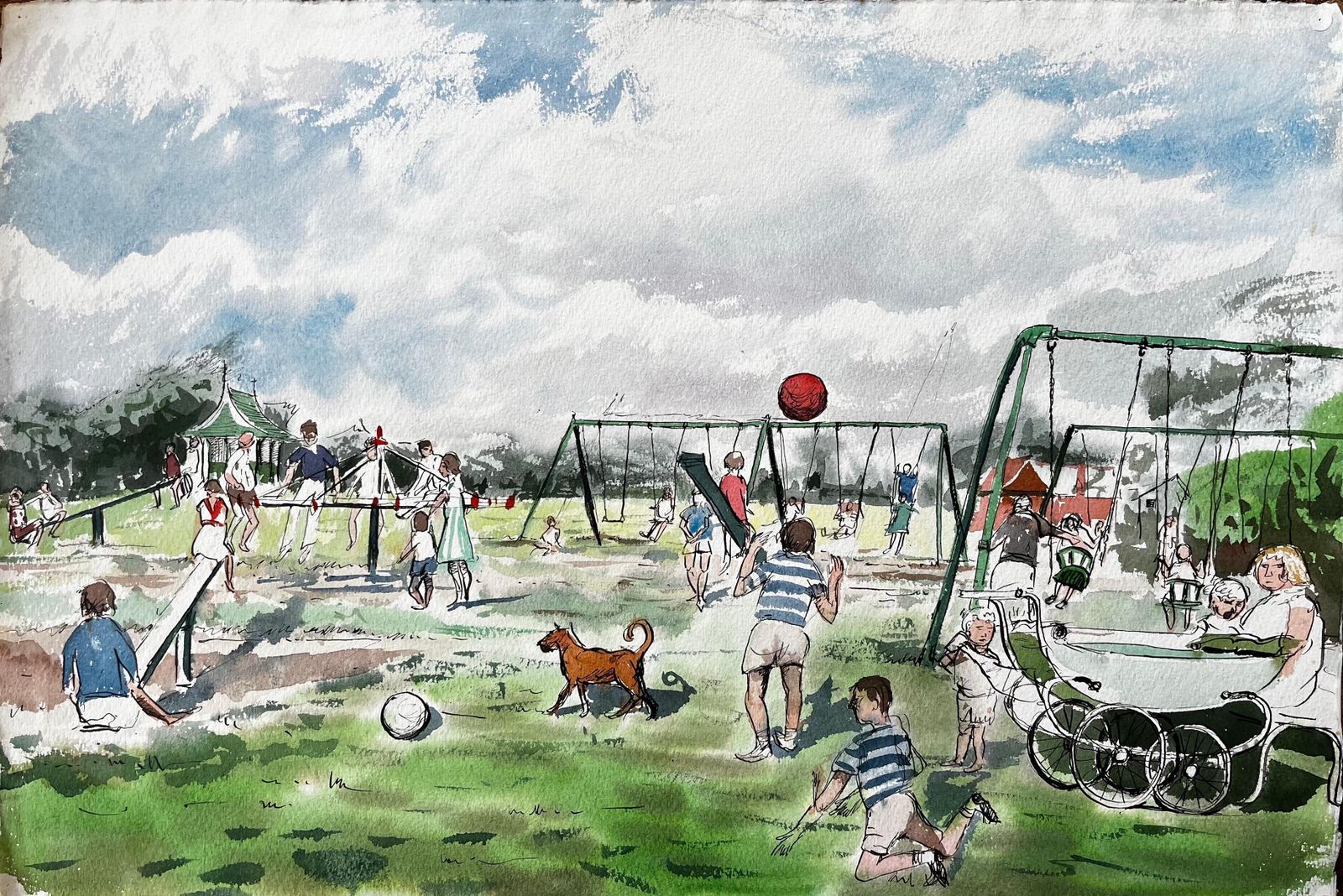 John Steane (B.1931)vintage Playground Scene Southport Common With Swings Pram And Children
