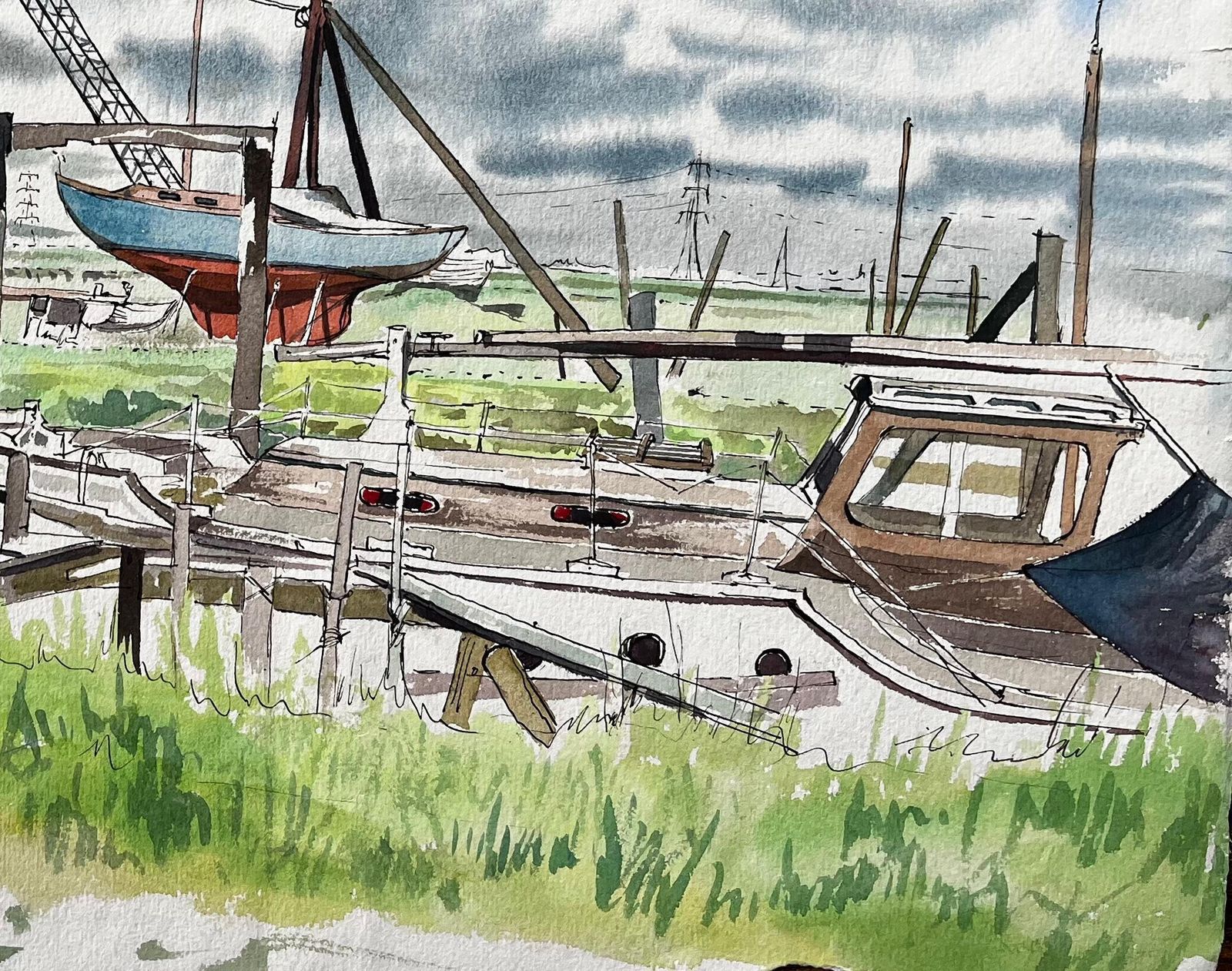 John Steane (B.1931)boatyard With Children And Storm Clouds 20th Century British Watercolour photo for sale