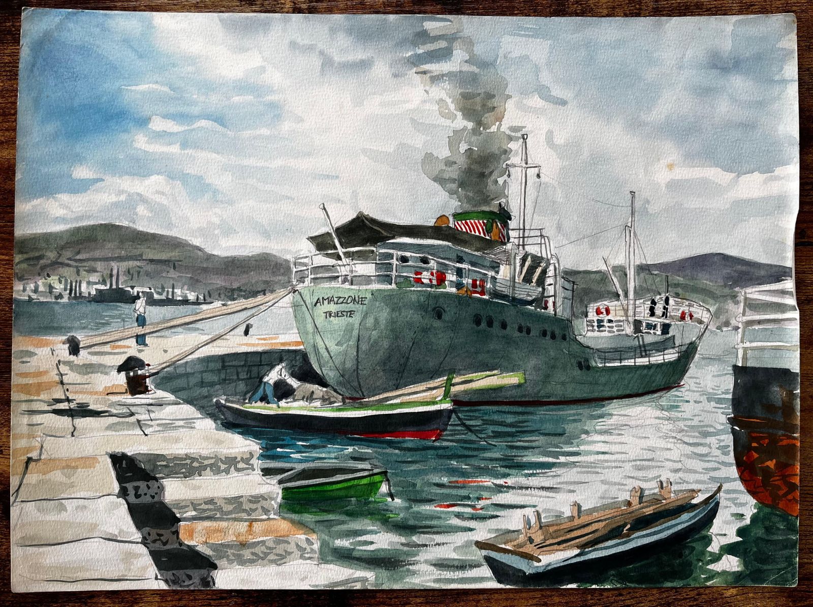 John Steane (B.1931)steamship Amazzone Harbour Scene Muggia Italy 1950 Signed Watercolour Painting1950 photo furniture