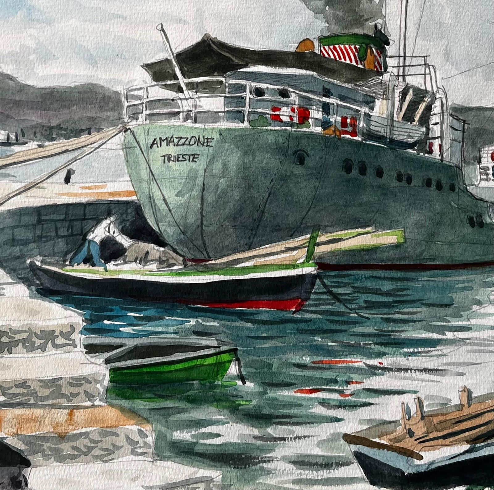 John Steane (B.1931)steamship Amazzone Harbour Scene Muggia Italy 1950 Signed Watercolour Painting1950 photo Art