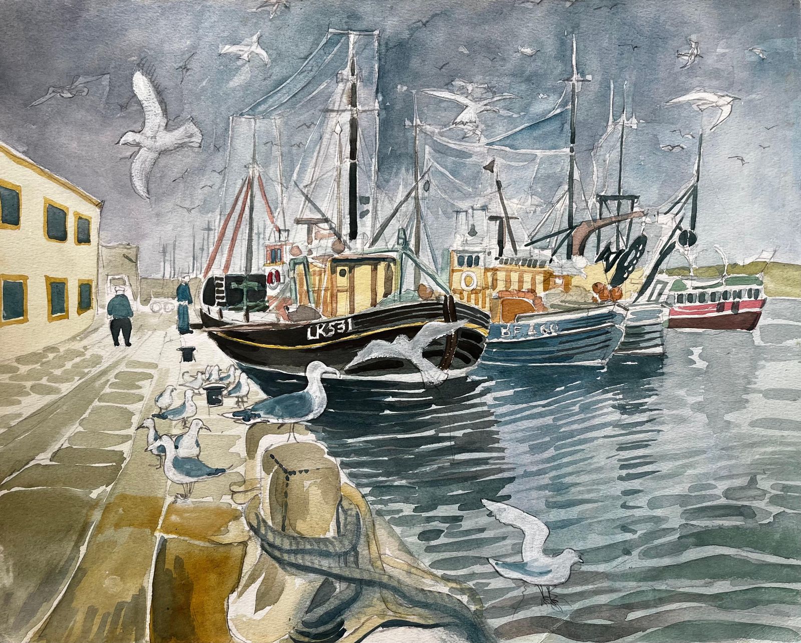 John Steane (B.1931)fishing Boats Harbour Scene With Seagulls British Coastal Watercolour Painting