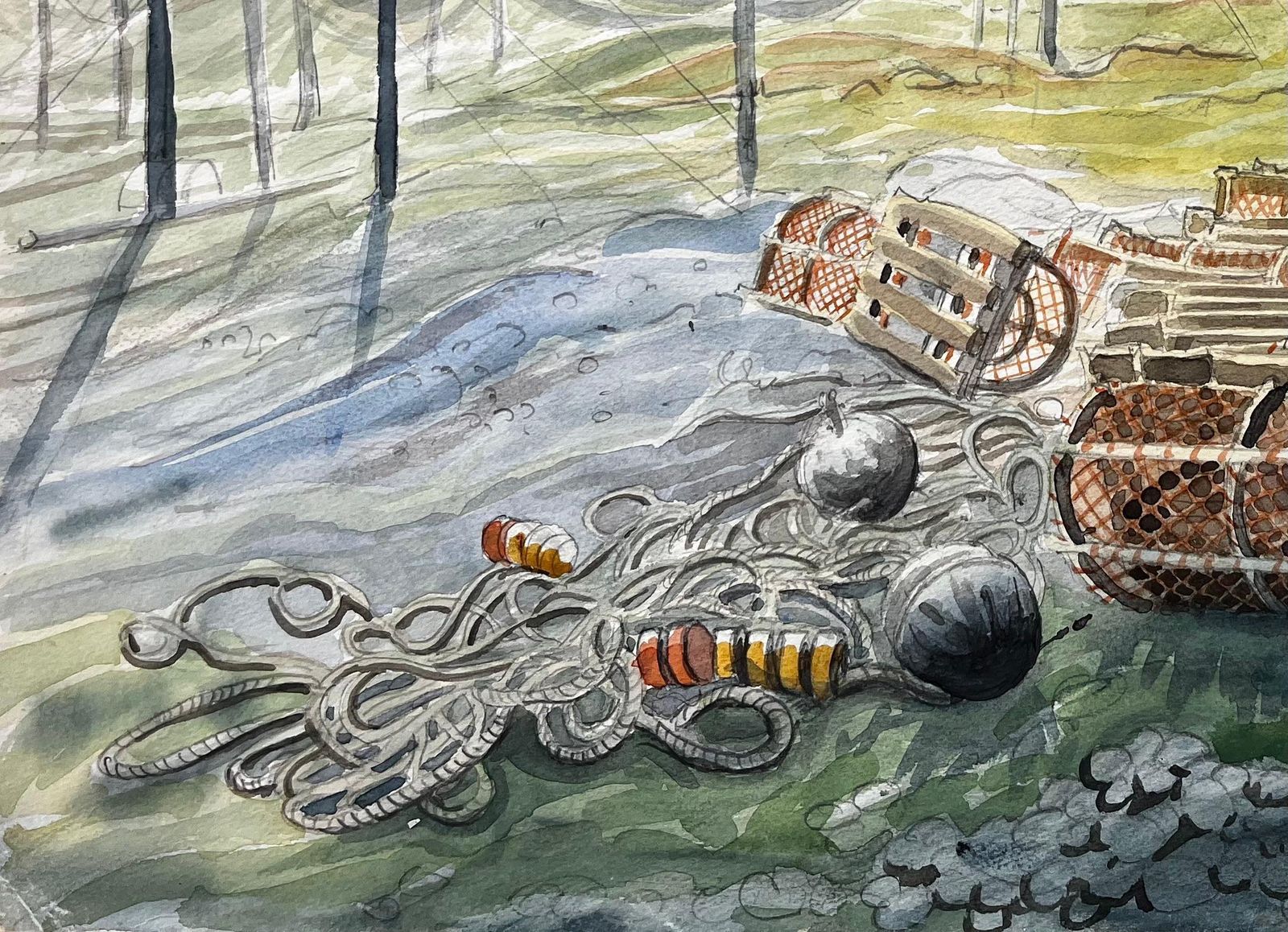 John Steane (B.1931)shetland Fishing Nets And Lobster Pots With Ruin By The Sea 1985 Watercolour1985 photo 367.0