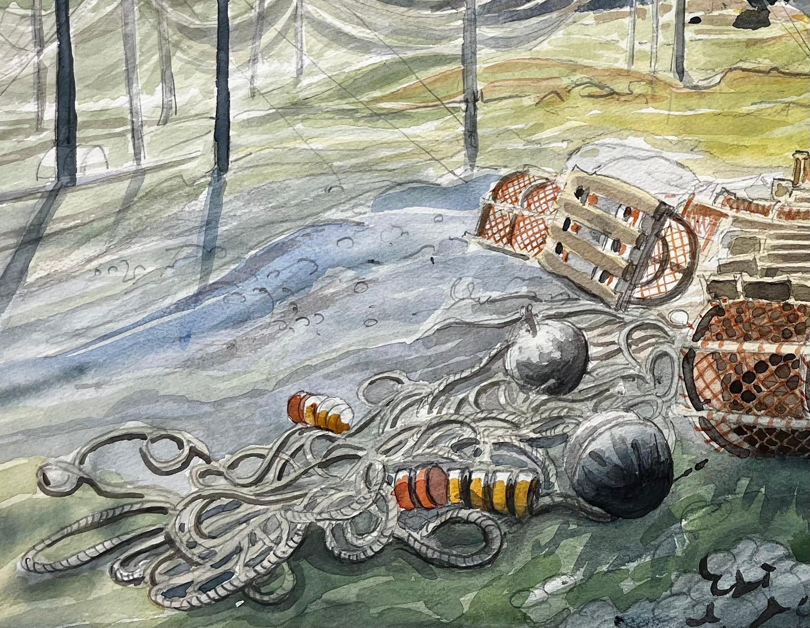 John Steane (B.1931)shetland Fishing Nets And Lobster Pots With Ruin By The Sea 1985 Watercolour1985 photo vintage