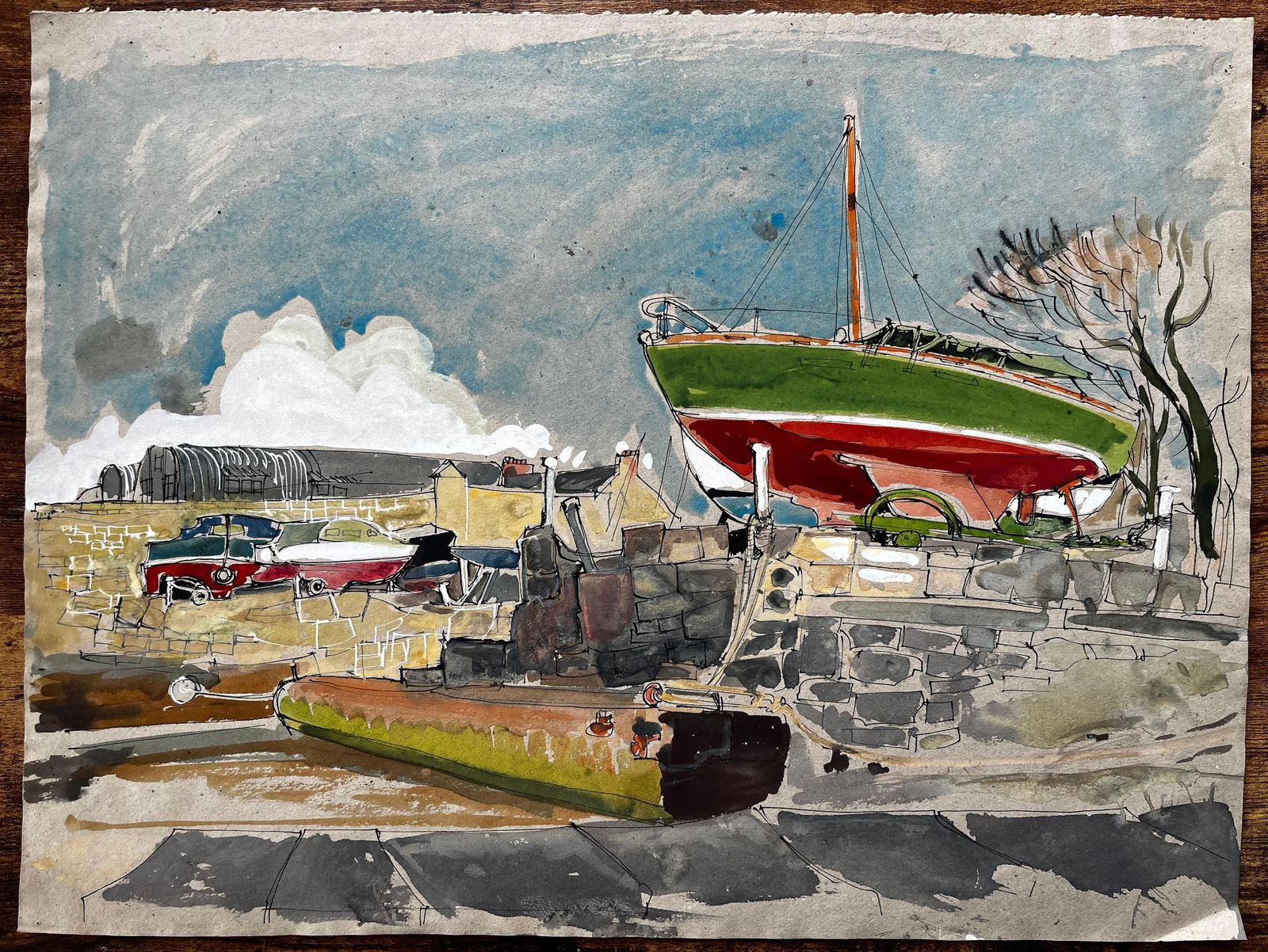 John Steane (B.1931)green And Red Sailboat In Harbour Yard With Vintage Cars Watercolour photo furniture