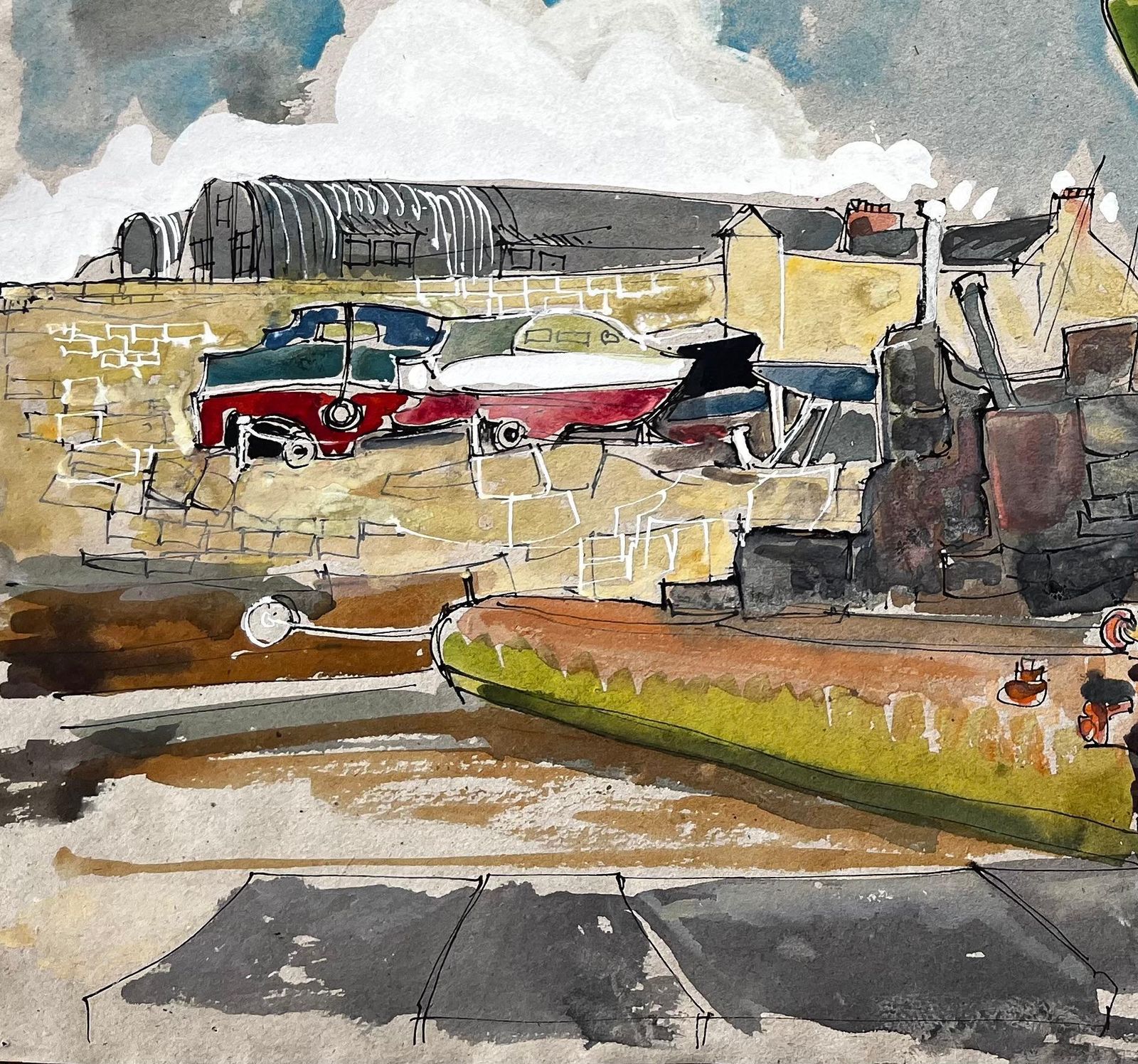 John Steane (B.1931)green And Red Sailboat In Harbour Yard With Vintage Cars Watercolour photo 311.0
