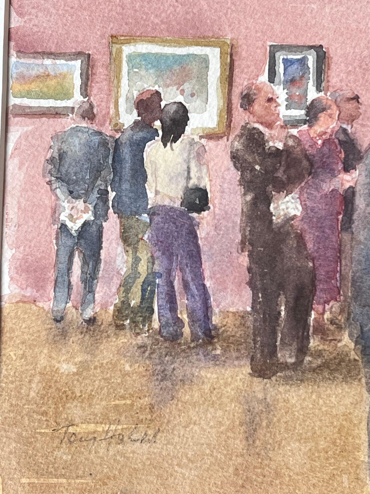 Anthony Herbertfigures Viewing The Gallery Exhibition In A Pink Interior British Watercolour photo Art