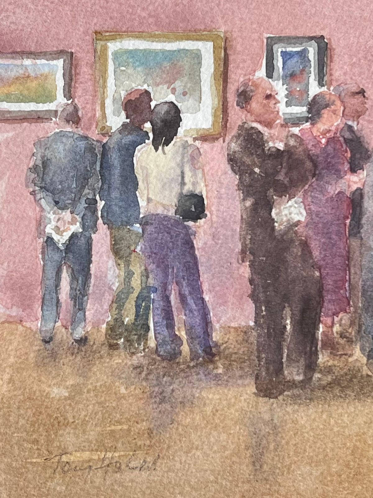 Anthony Herbertfigures Viewing The Gallery Exhibition In A Pink Interior British Watercolour photo 478.0