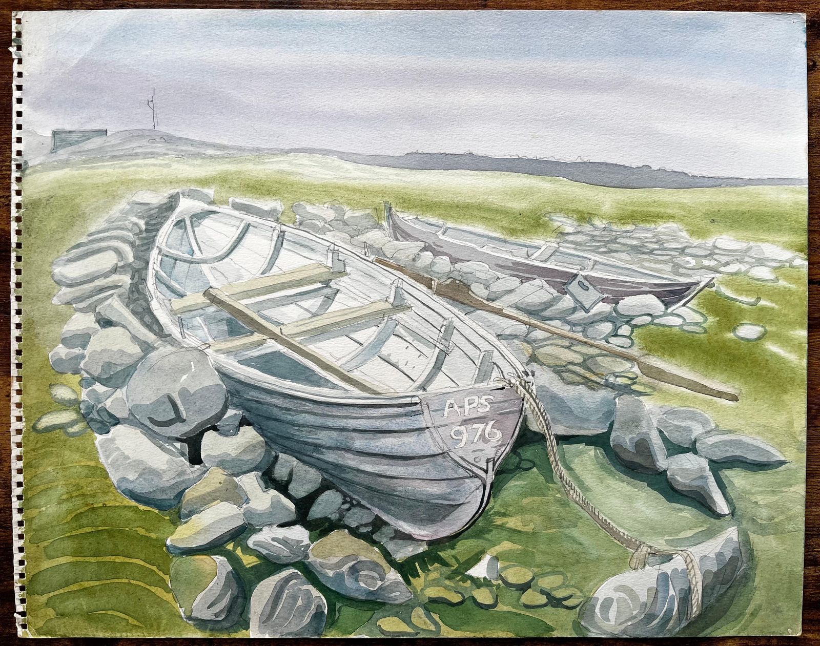 John Steane (B.1931)rowing Boats On Rocky Shore With Grass And Distant Hills By John Steane photo furniture