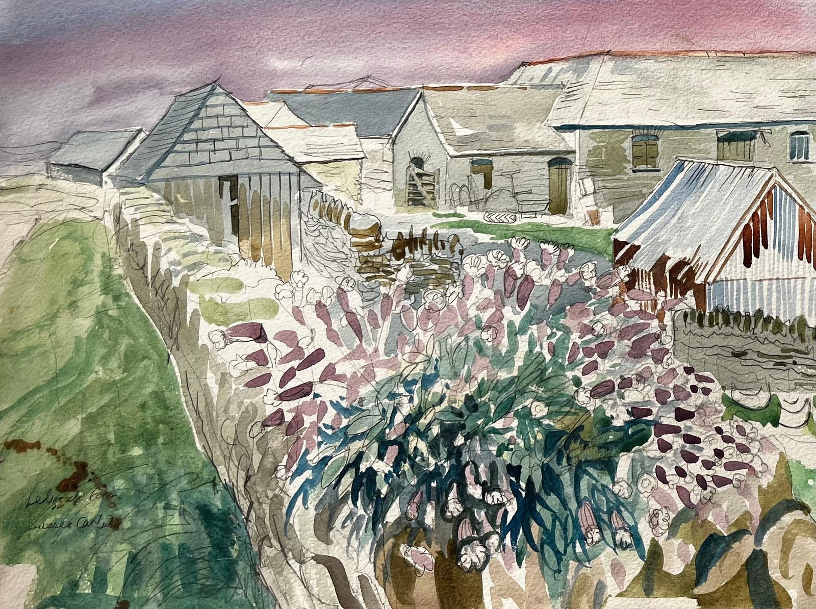 John Steane (B.1931)cornish Farm Buildings With Coastal View 20th Century British Watercolour photo for sale