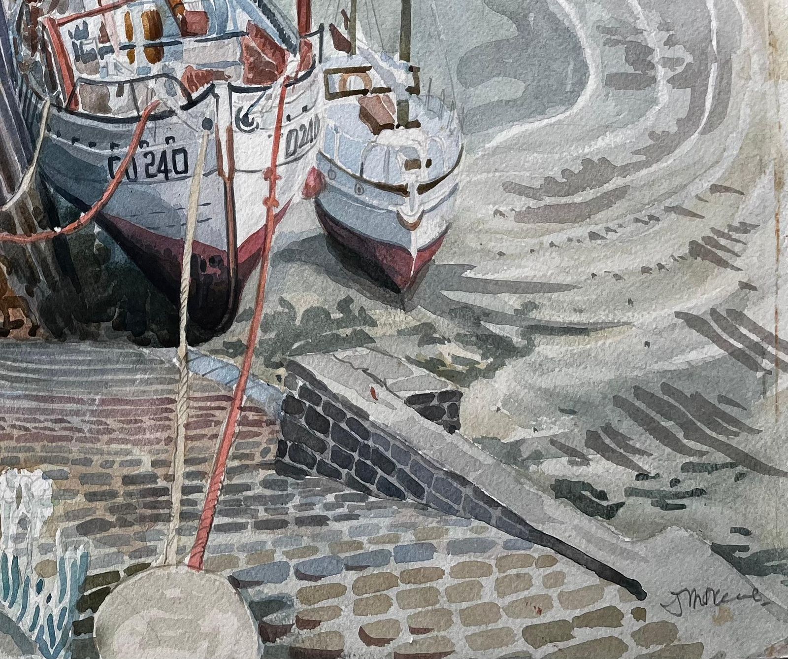 John Steane (B.1931)shetland Harbour Fishing Boats At Low Tide By British Artist John Steane photo for sale
