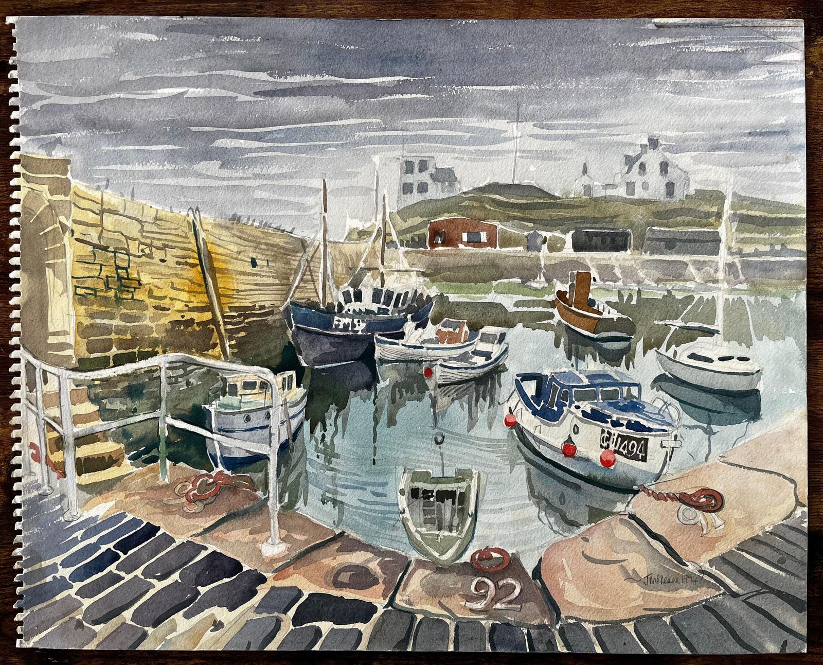 John Steane (B.1931)gretan Harbour Scene With Fishing Boats Reflections And Stone Quay 19741974 photo furniture