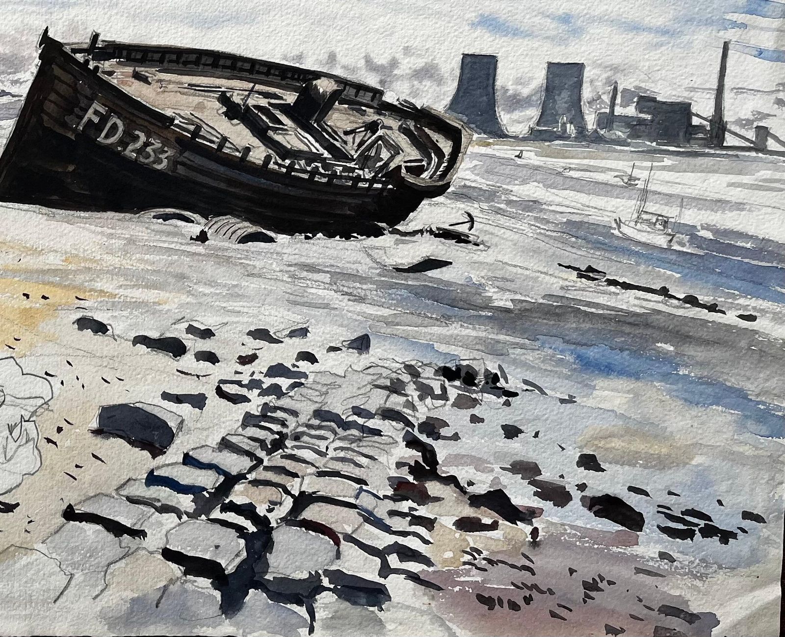 John Steane (B.1931)beached Fishing Boat On Mersey Estuary Industrial Lancashire Landscape photo for sale