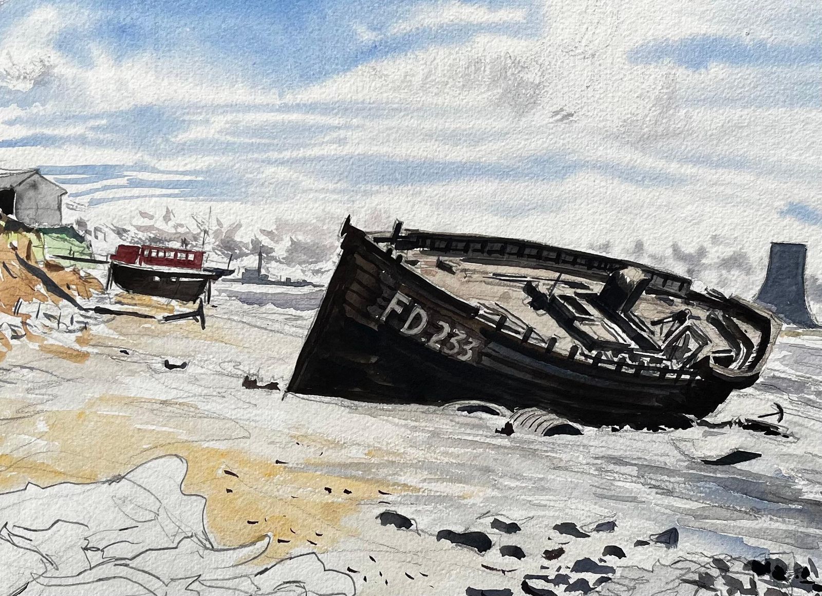 John Steane (B.1931)beached Fishing Boat On Mersey Estuary Industrial Lancashire Landscape photo vinterior