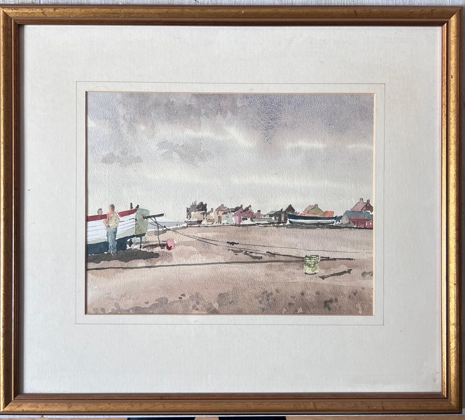 Anthony Herbertfigures With A Beached Fishing Boat On Aldeburgh Beach Watercolour
