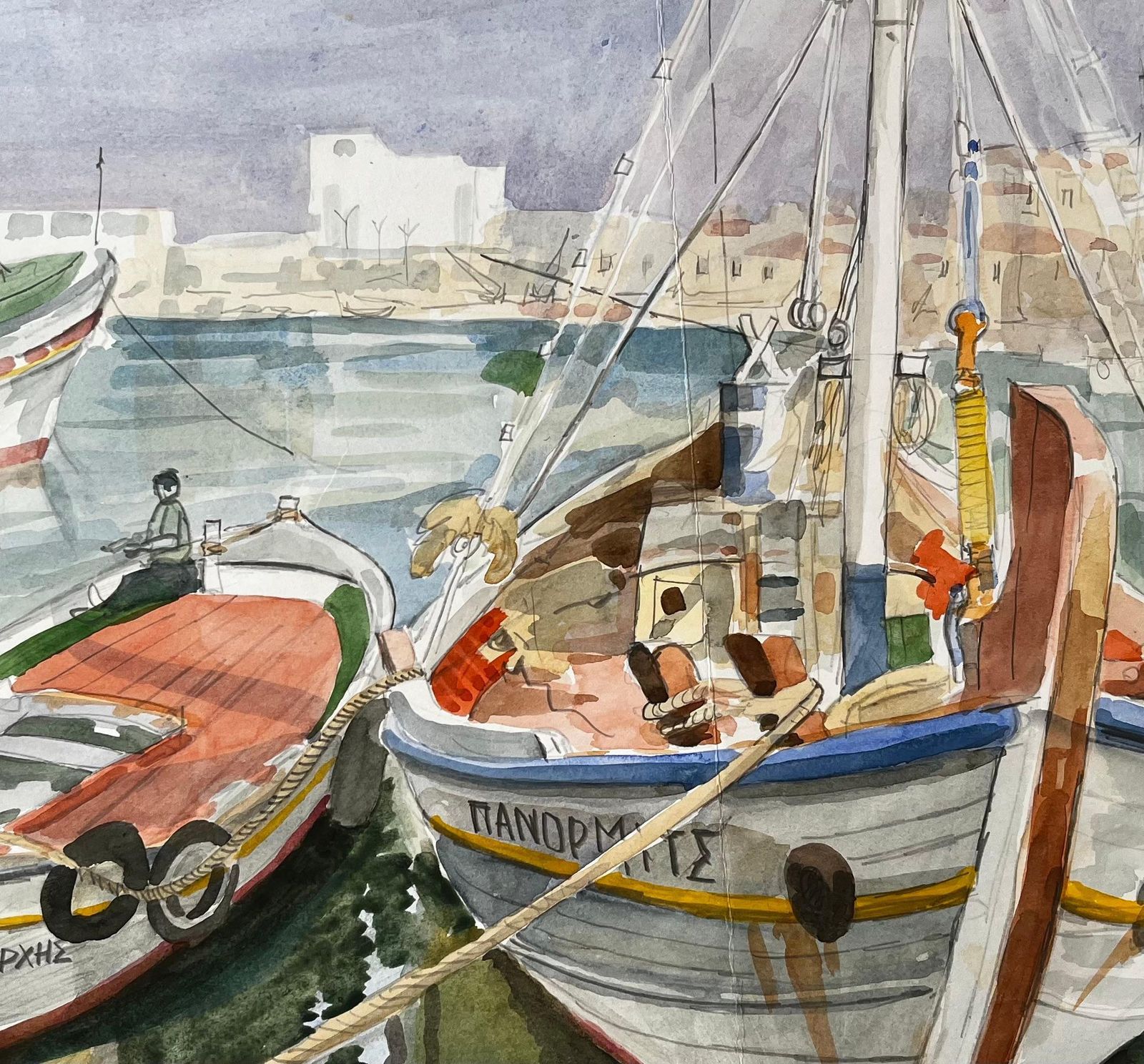 John Steane (B.1931)crete Fishing Boats Dock Scene With Harbour And Village Watercolour Painting photo buy