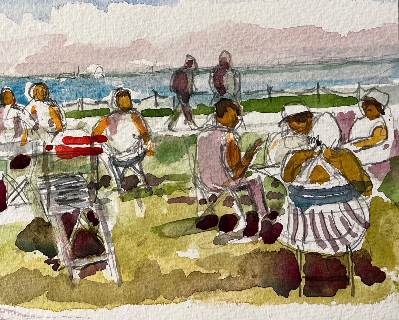 John Steane (B.1931)osborne House Beach Scene Isle Of Wight 2018 Watercolour Figures And Sea View2018 photo for sale