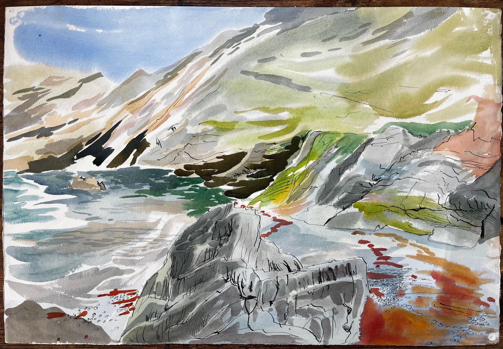 John Steane (B.1931)cliffs And Rock Pools On The Dorset Coastline Expressive Coastal Watercolour photo furniture