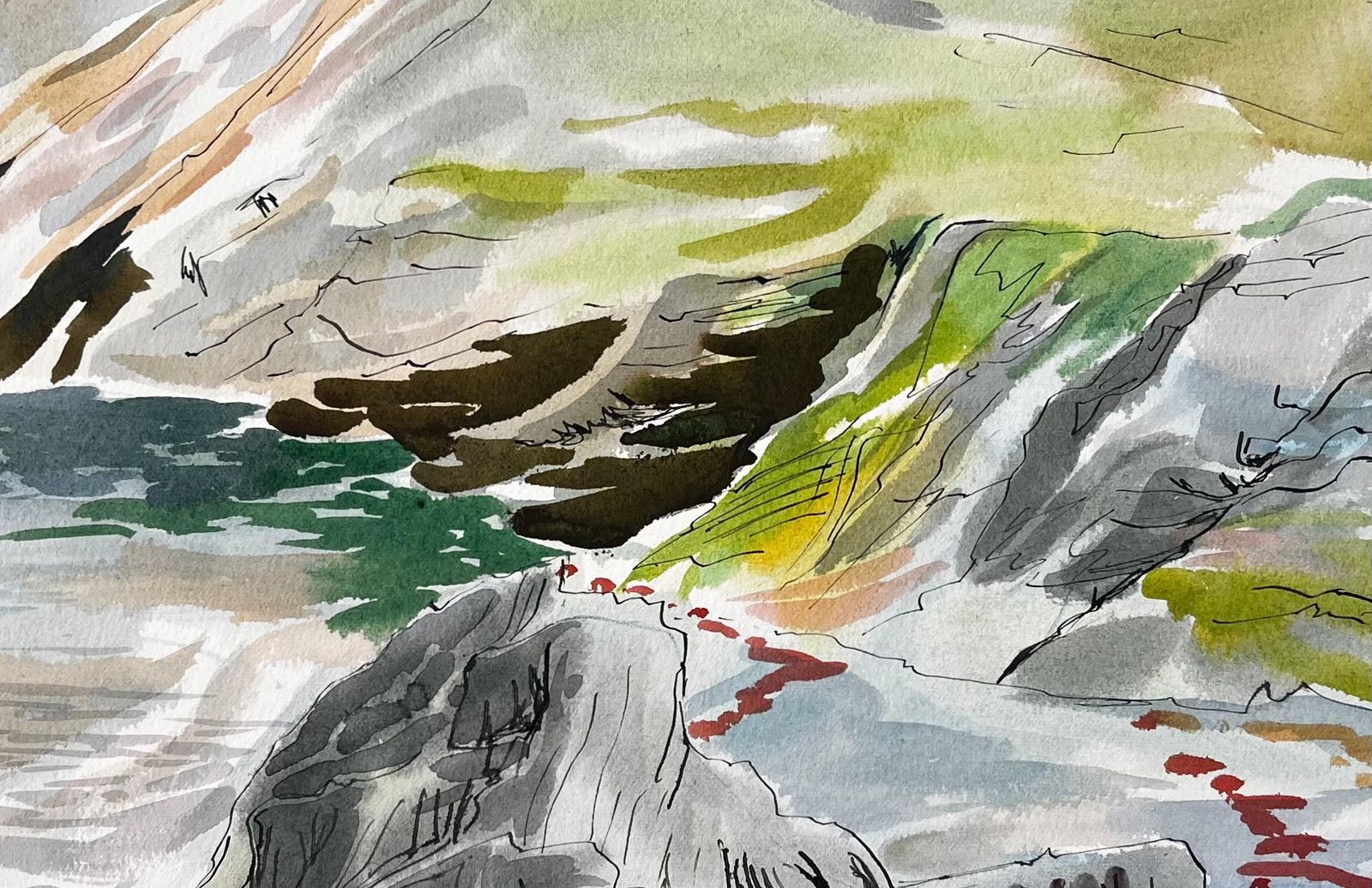 John Steane (B.1931)cliffs And Rock Pools On The Dorset Coastline Expressive Coastal Watercolour photo buy
